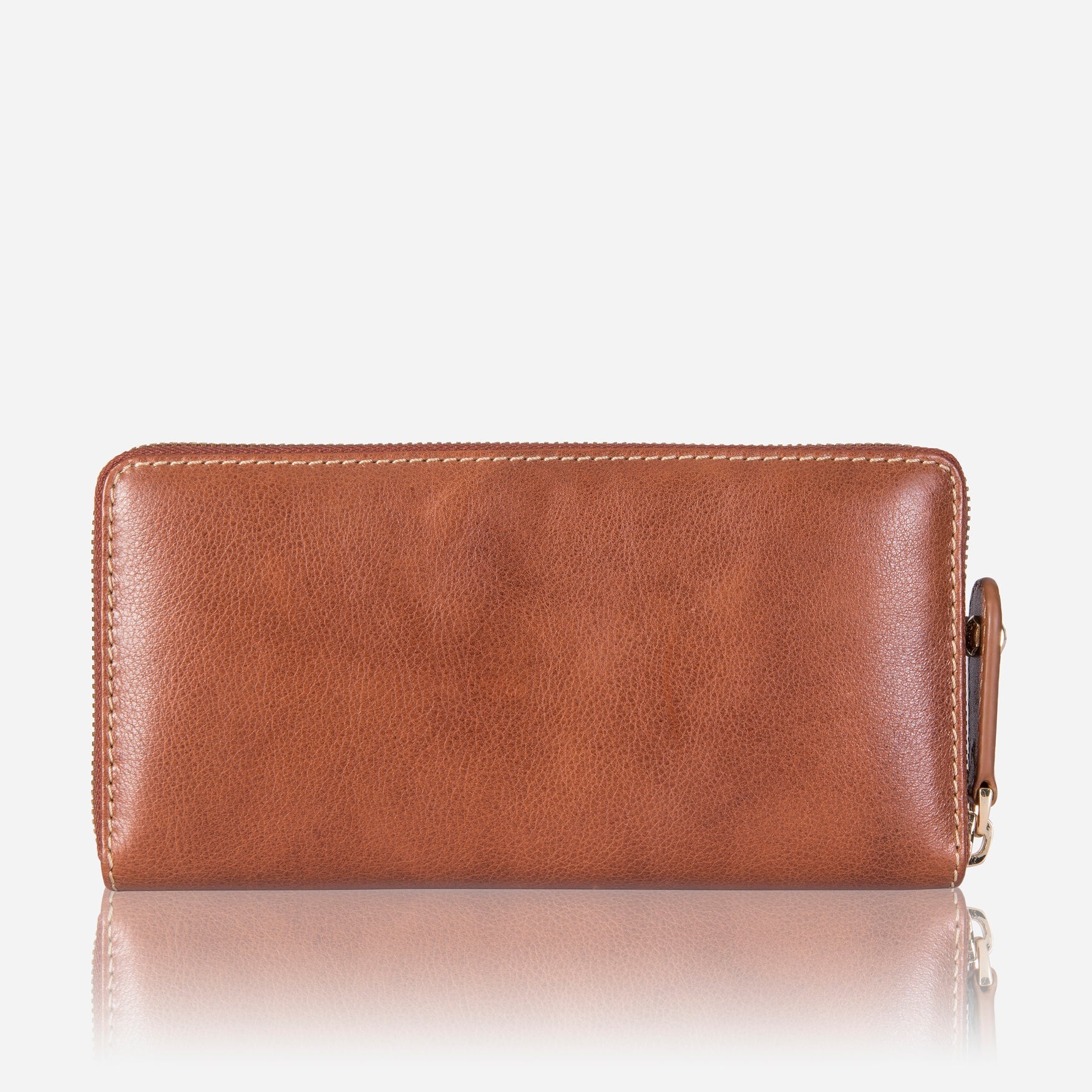 Large Classic Zip Around Purse in Tan with three compartments, showcasing its elegant design and functionality.