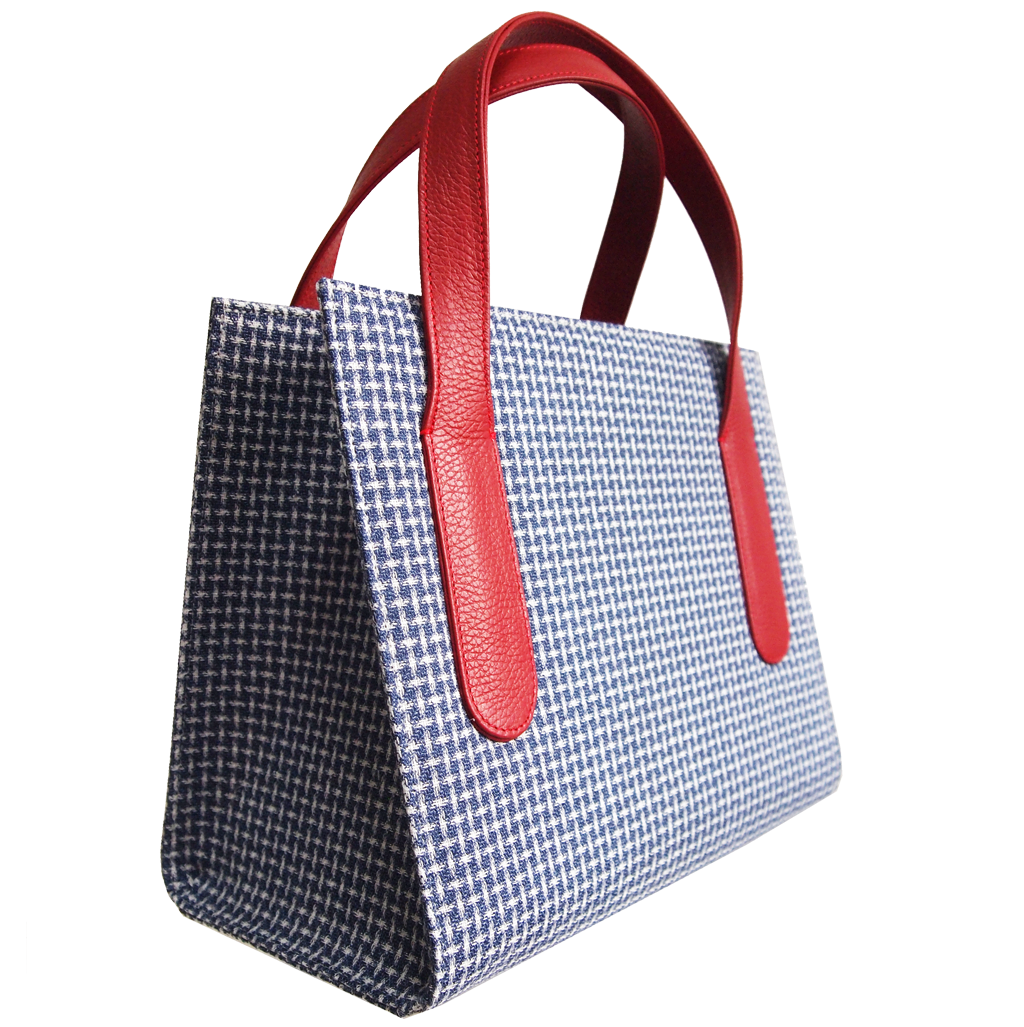 Large Eco Wool and Cotton Tote in Blue-Red, featuring a spacious interior, calf leather trimming, and a stylish design, handmade in Milan, Italy.