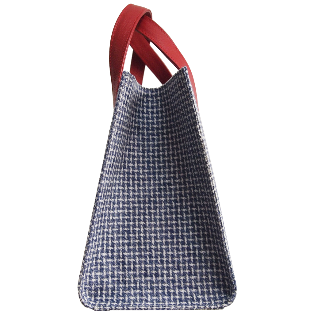 Large Eco Wool and Cotton Tote in Blue-Red, featuring a spacious interior, calf leather trimming, and a stylish design, handmade in Milan, Italy.