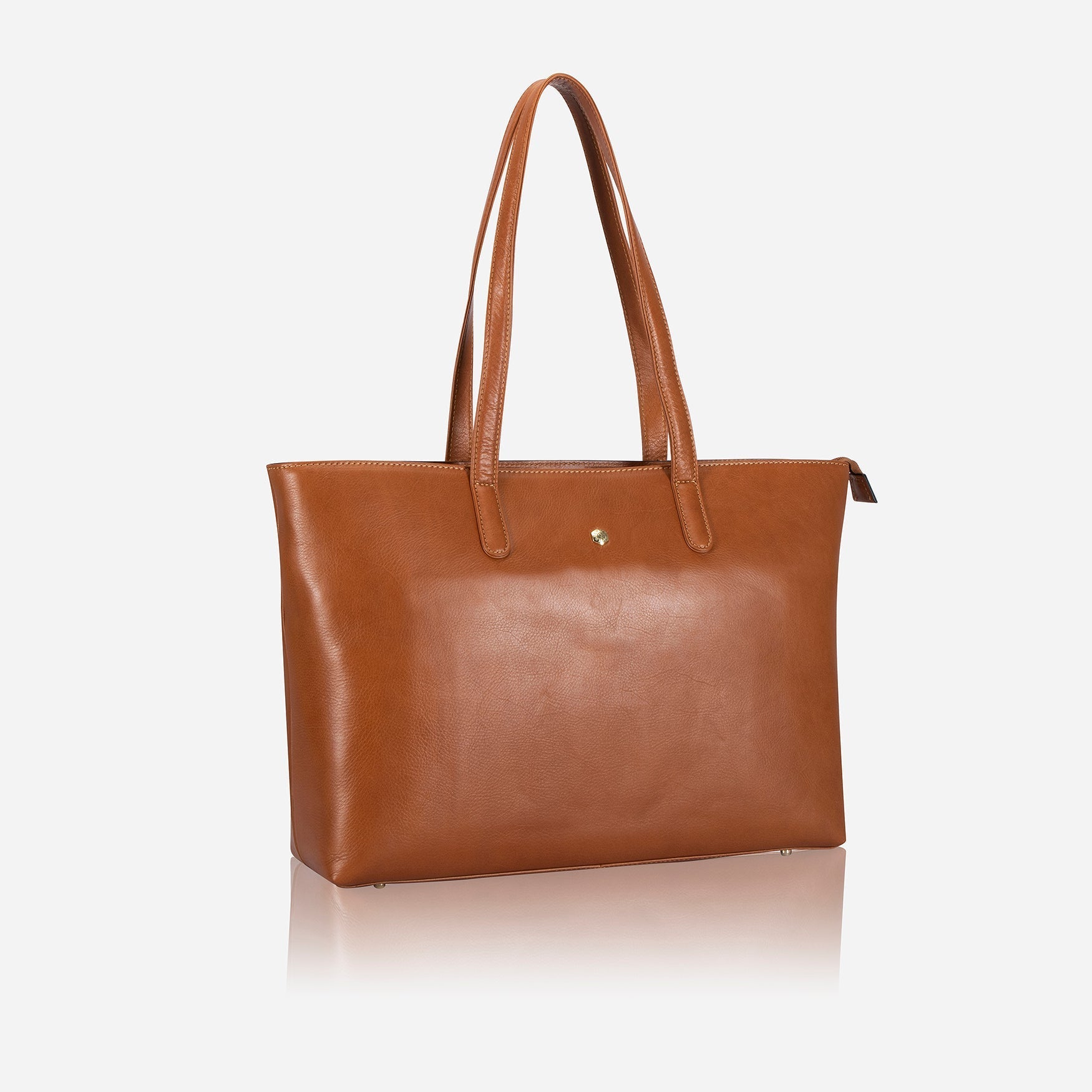 Large Ladies Laptop Shopper in Tan, featuring a minimalist design with spacious interior for laptops and documents.