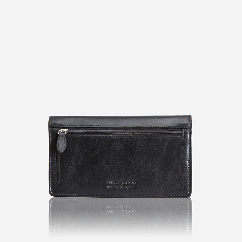 Large black leather purse with spacious interior and elegant design, perfect for everyday use.