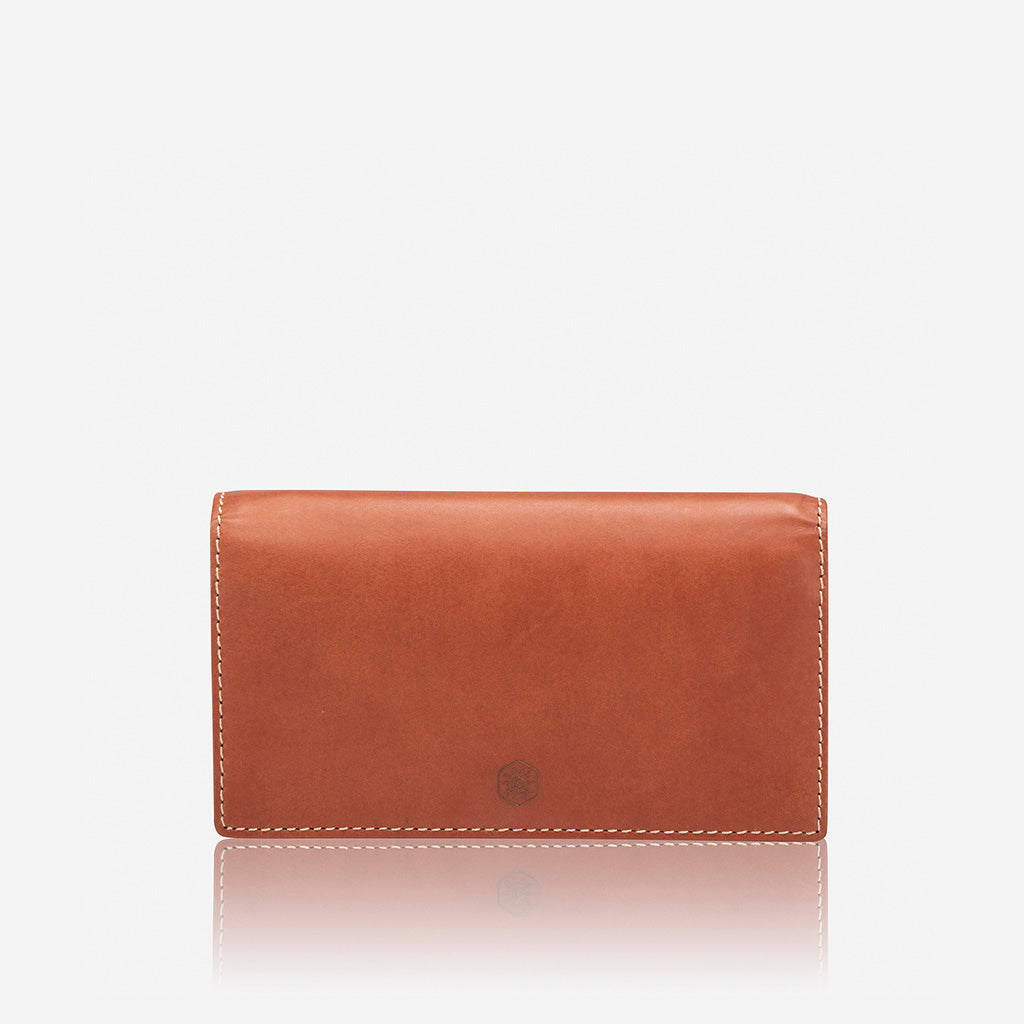 Large leather purse in clay color with concertina design, showcasing its spacious interior and elegant finish.