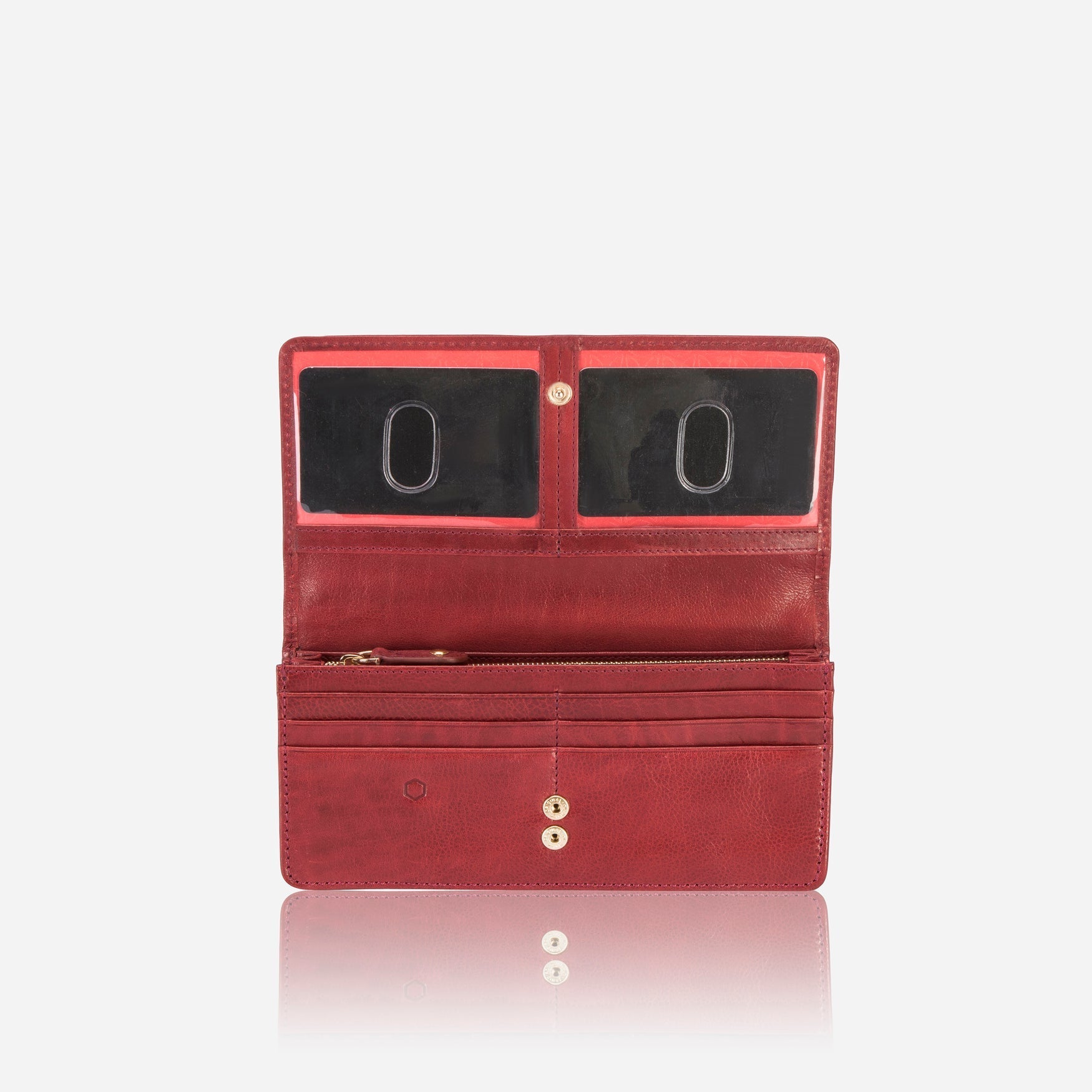 Large red leather purse with multiple compartments, stylish and functional for organizing essentials.