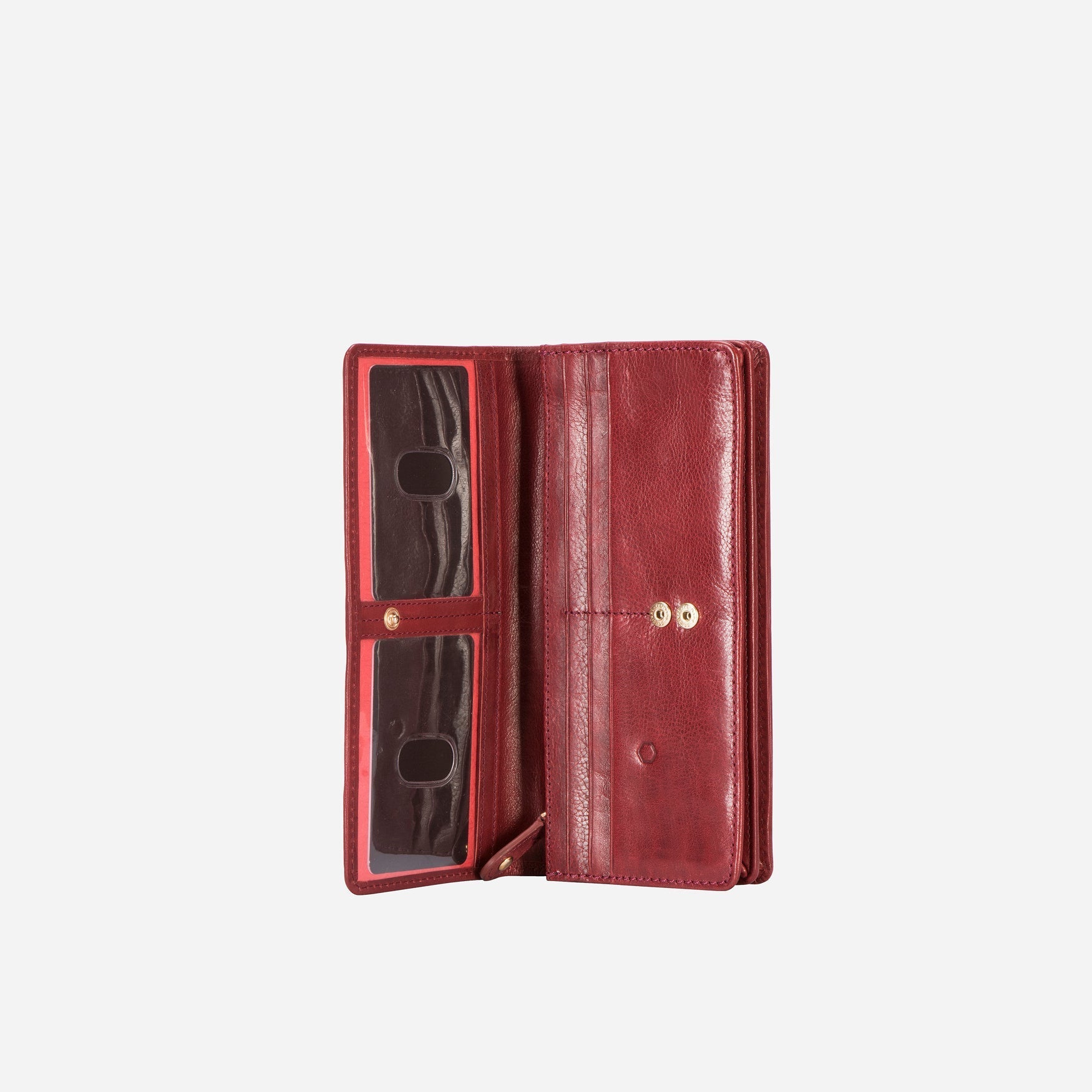 Large red leather purse with multiple compartments, stylish and functional for organizing essentials.