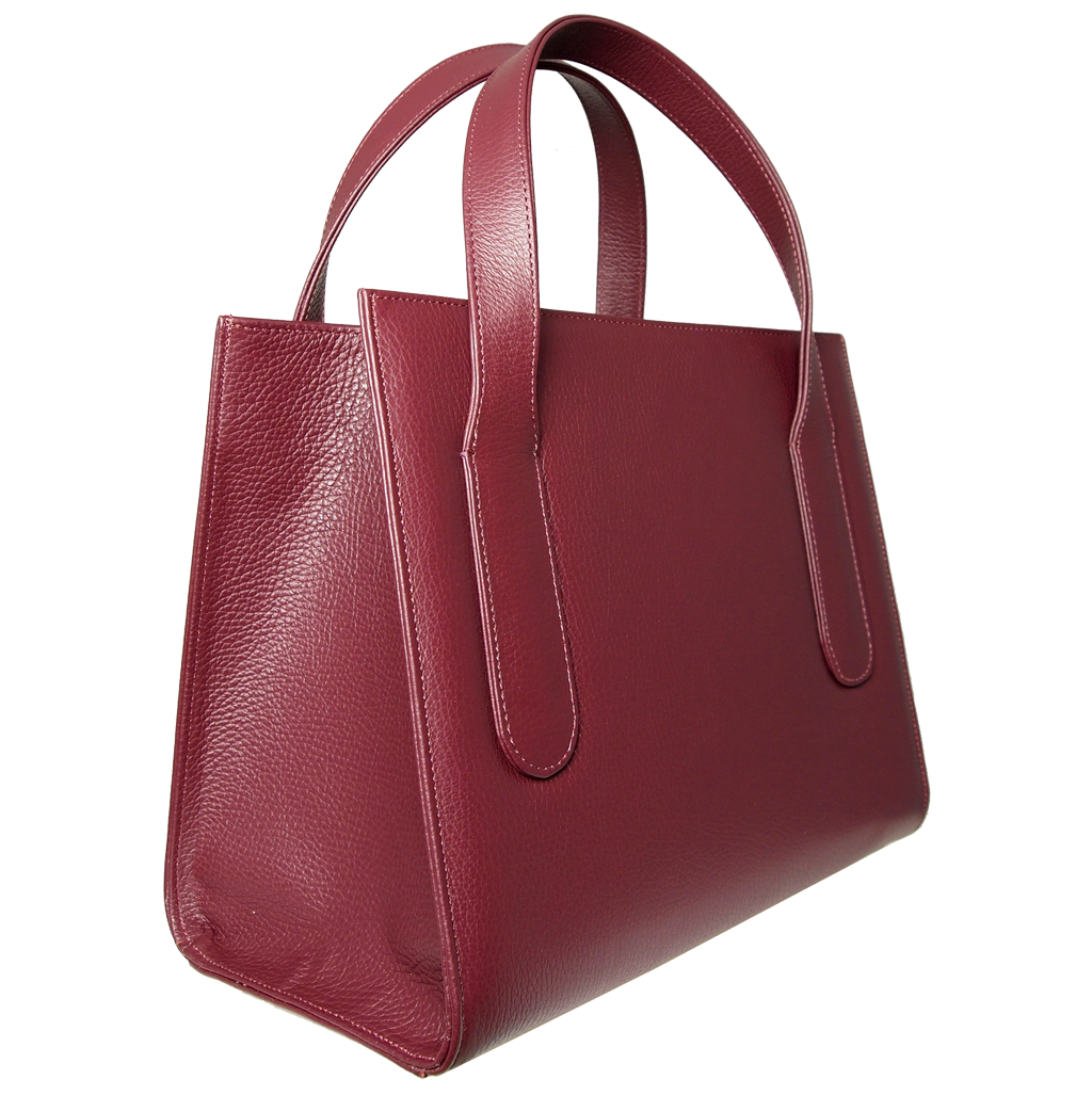 Large Bordeaux tote bag made of pebbled calf leather, featuring a spacious cotton-lined interior and minimal metal hardware.