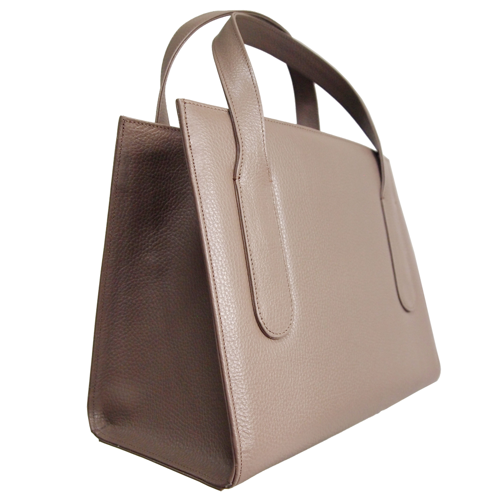 Large taupe pebbled calf leather tote bag with cotton-lined interior and minimal metal hardware, handcrafted in Milan, Italy.