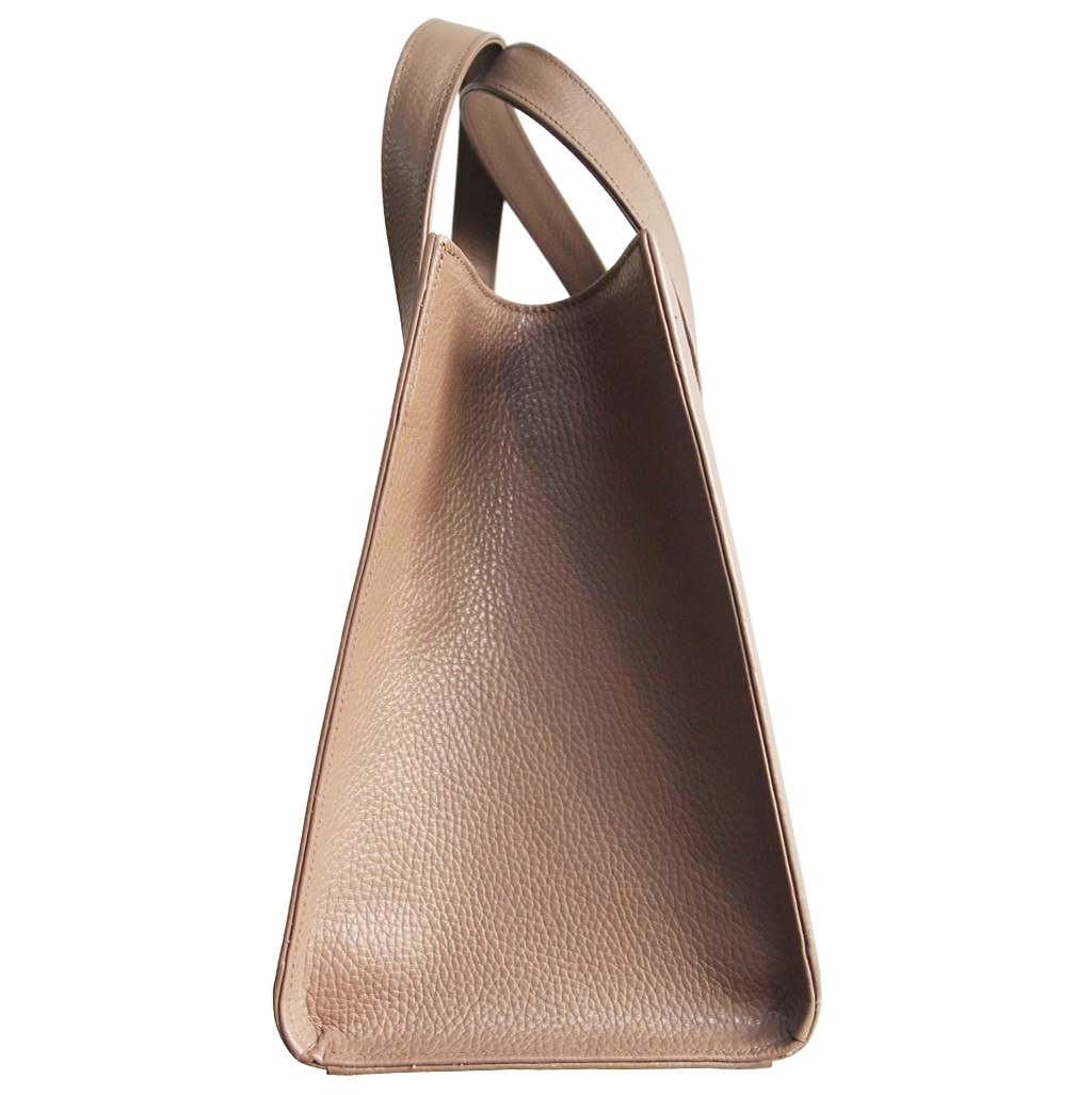 Large taupe pebbled calf leather tote bag with cotton-lined interior and minimal metal hardware, handcrafted in Milan, Italy.