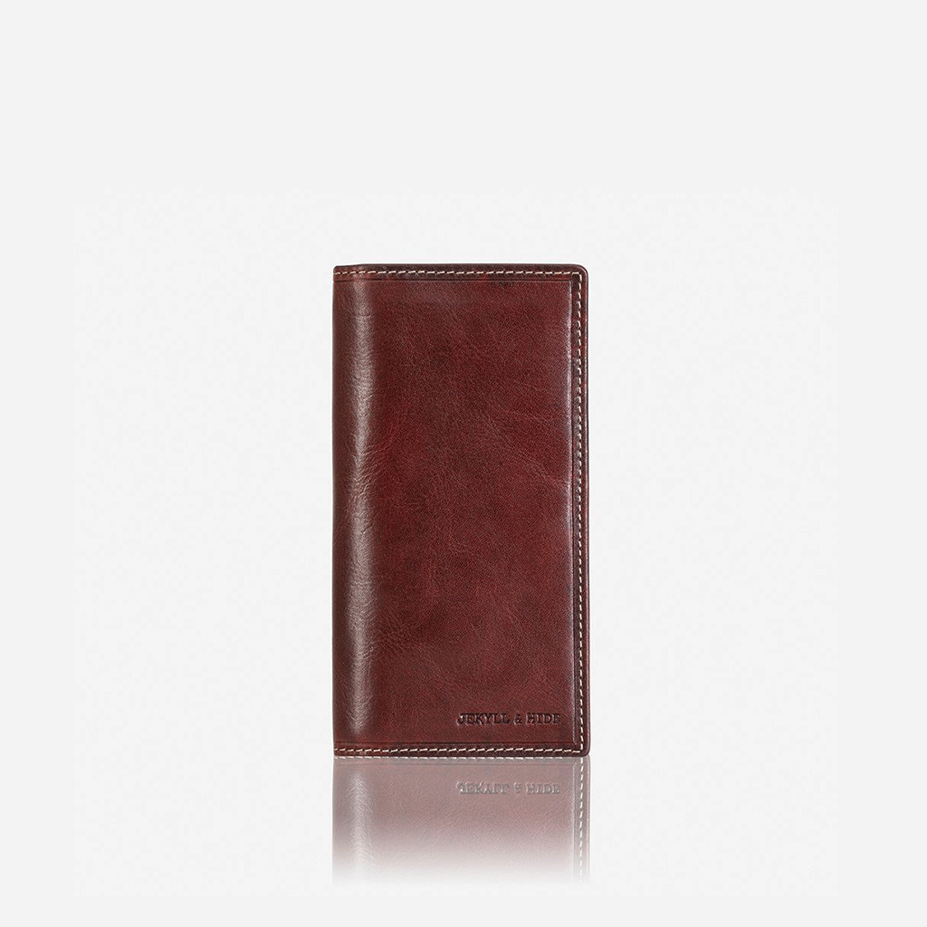 Large Travel and Mobile Wallet in Coffee color, featuring a zip compartment and slots for cards and mobile phones, made from high-quality leather.