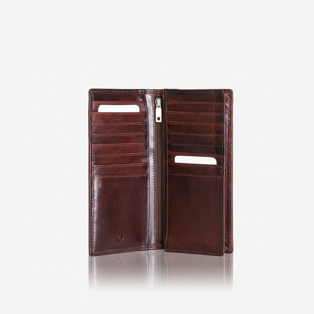 Large Travel and Mobile Wallet in Coffee color, featuring a zip compartment and slots for cards and mobile phones, made from high-quality leather.