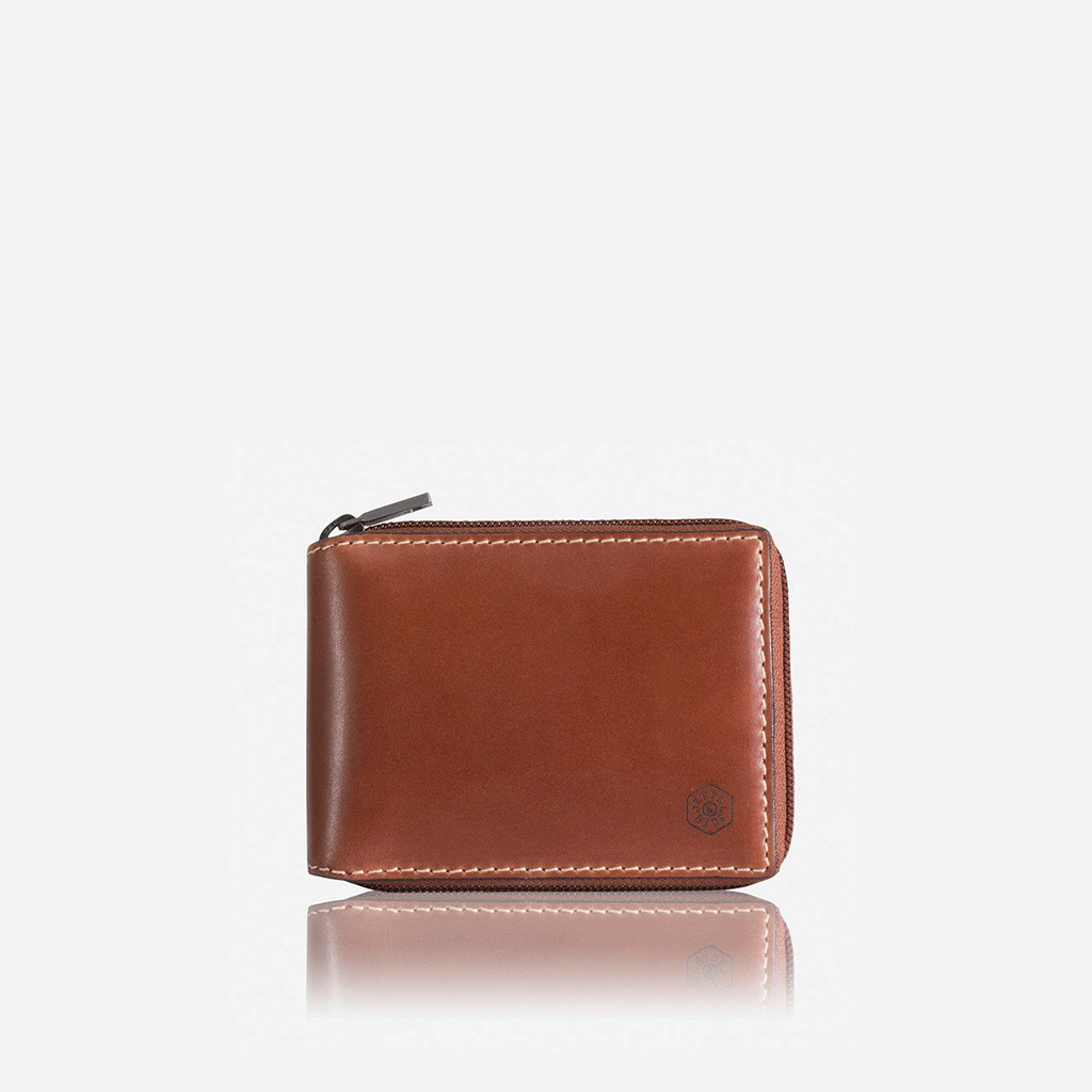 Large zip around wallet in clay color with coin pocket and ID window, designed for men.