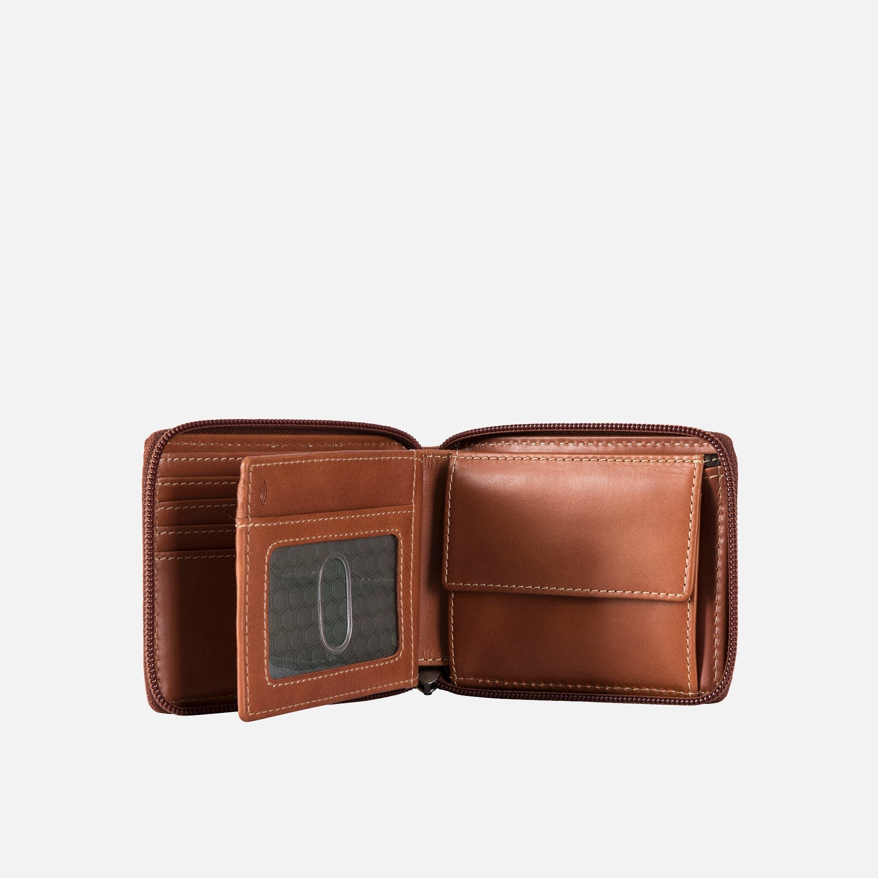 Large zip around wallet in clay color with coin pocket and ID window, designed for men.