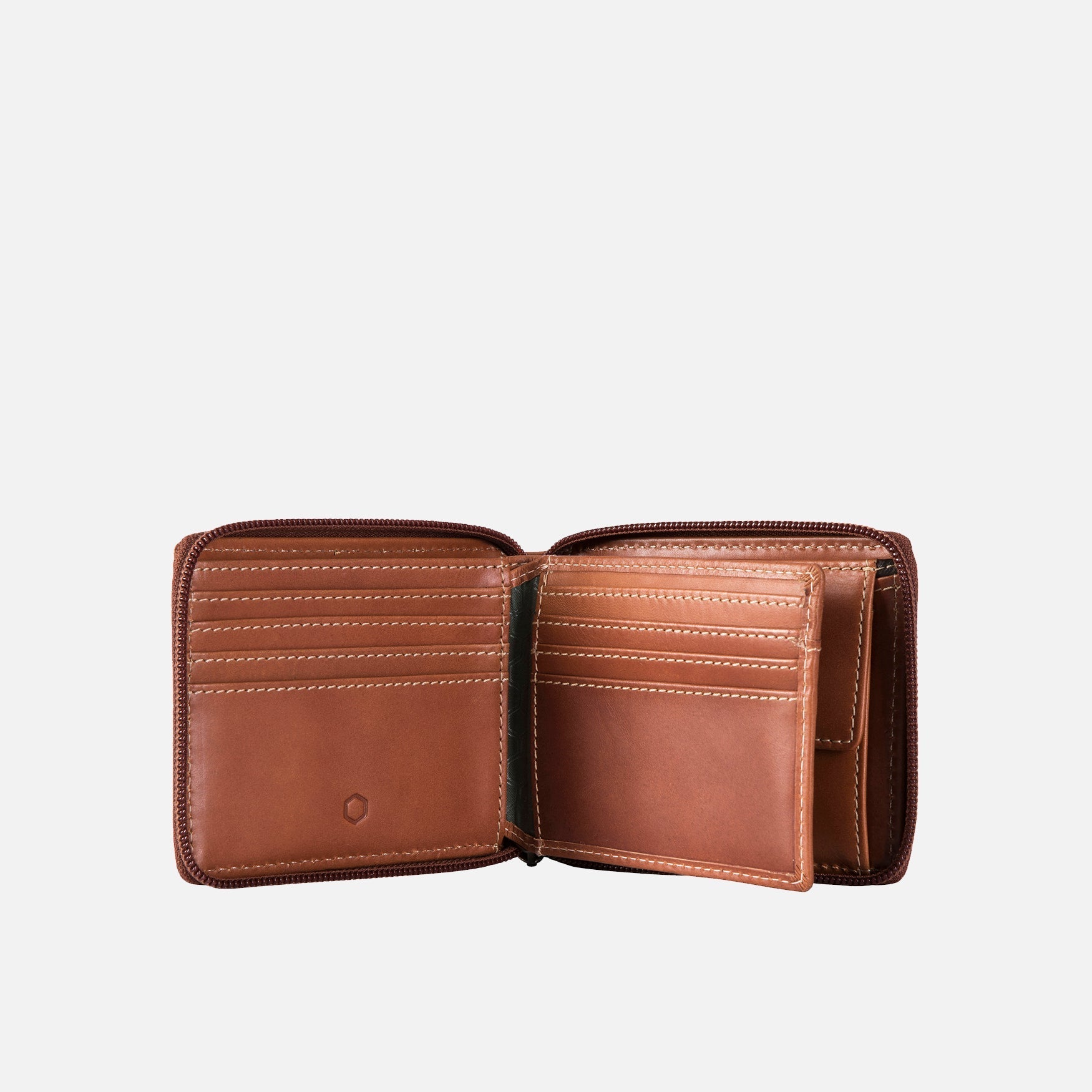 Large zip around wallet in clay color with coin pocket and ID window, designed for men.