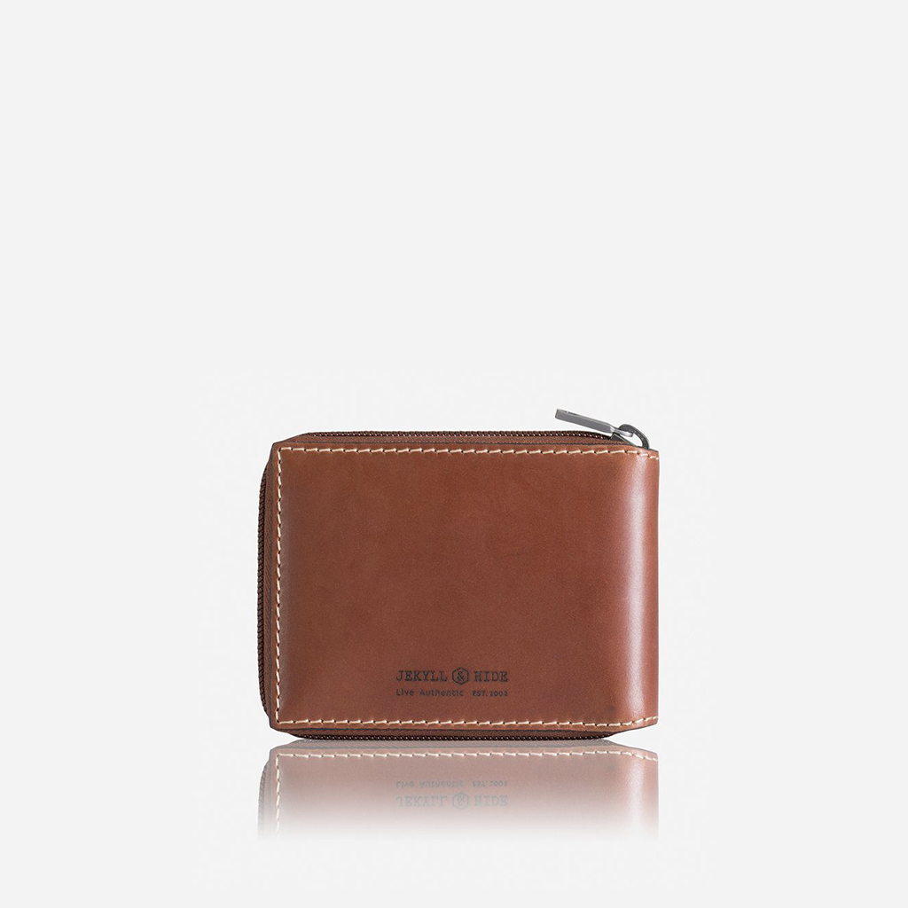 Large zip around wallet in clay color with coin pocket and ID window, designed for men.