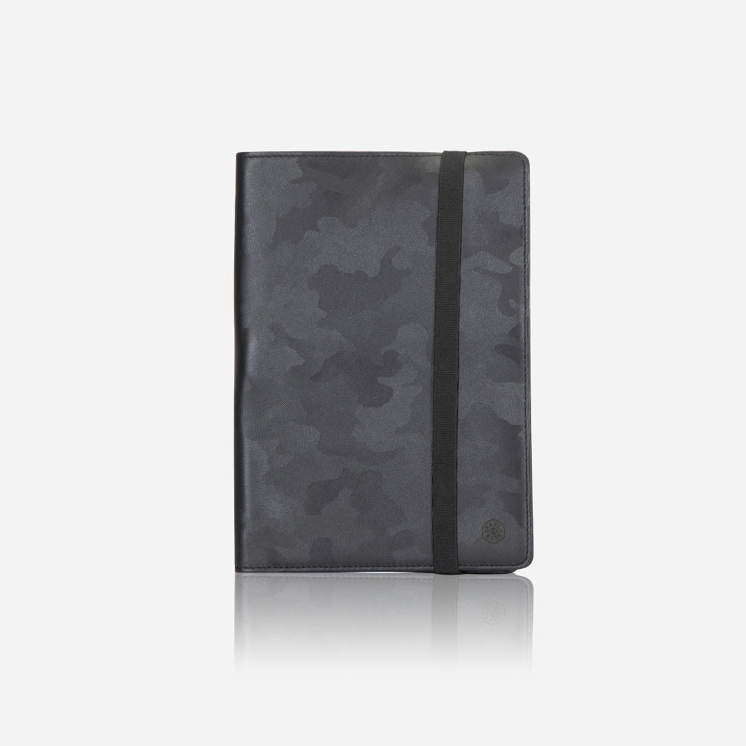 Leather A5 Notebook Cover in Camo with card and pen slots, showcasing its stylish design and functionality.