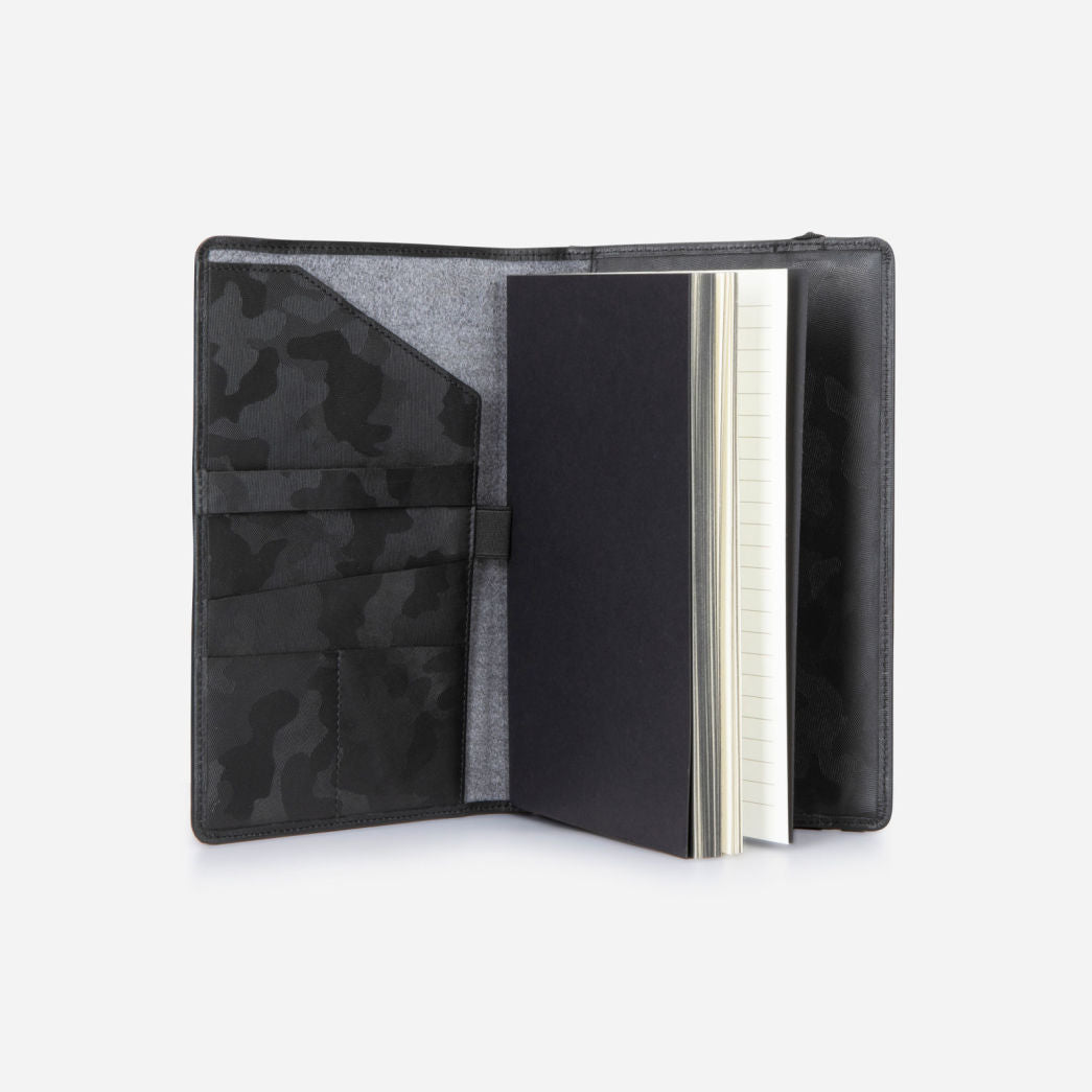 Leather A5 Notebook Cover in Camo with card and pen slots, showcasing its stylish design and functionality.