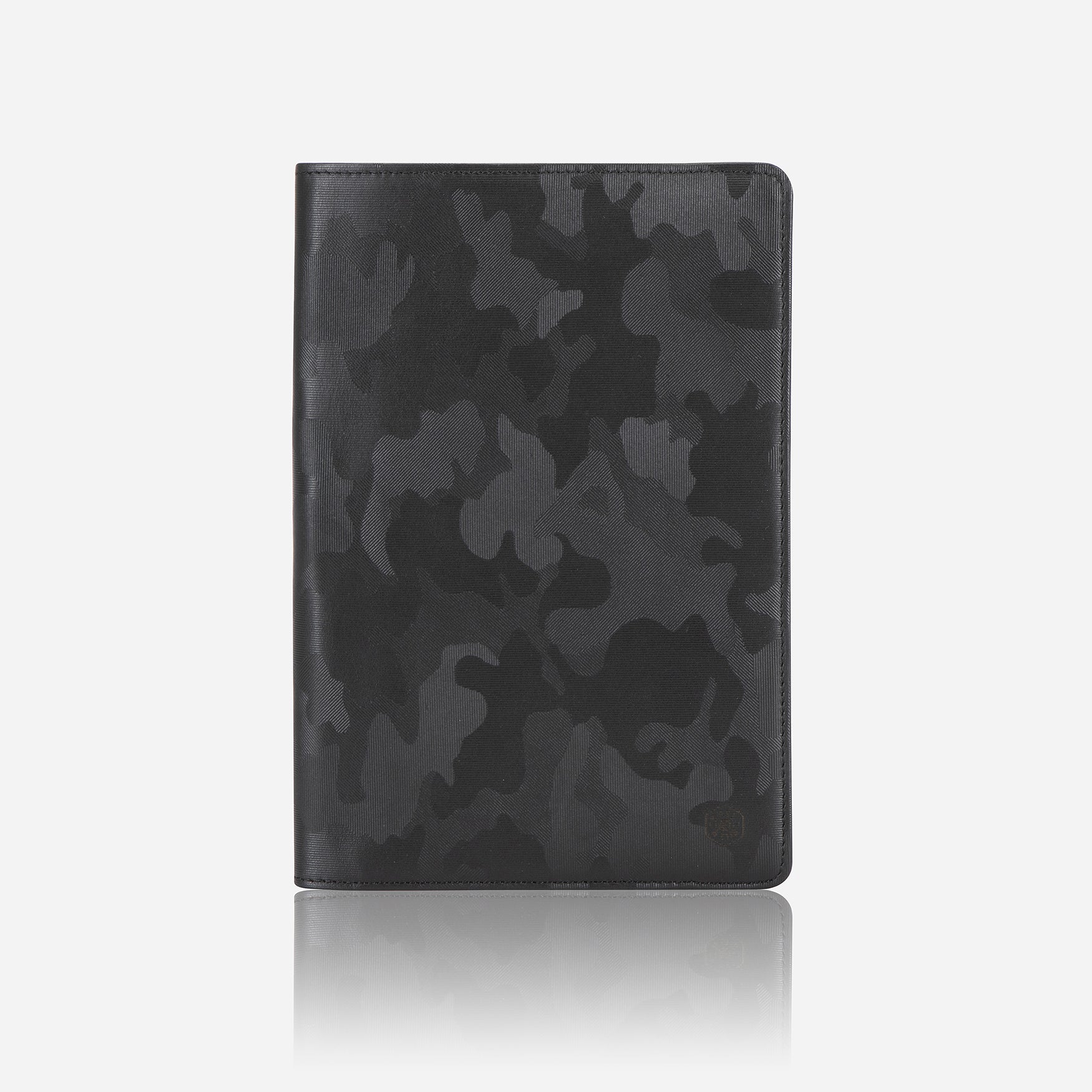 Leather A5 Notebook Cover in Camo with card and pen slots, showcasing its stylish design and functionality.