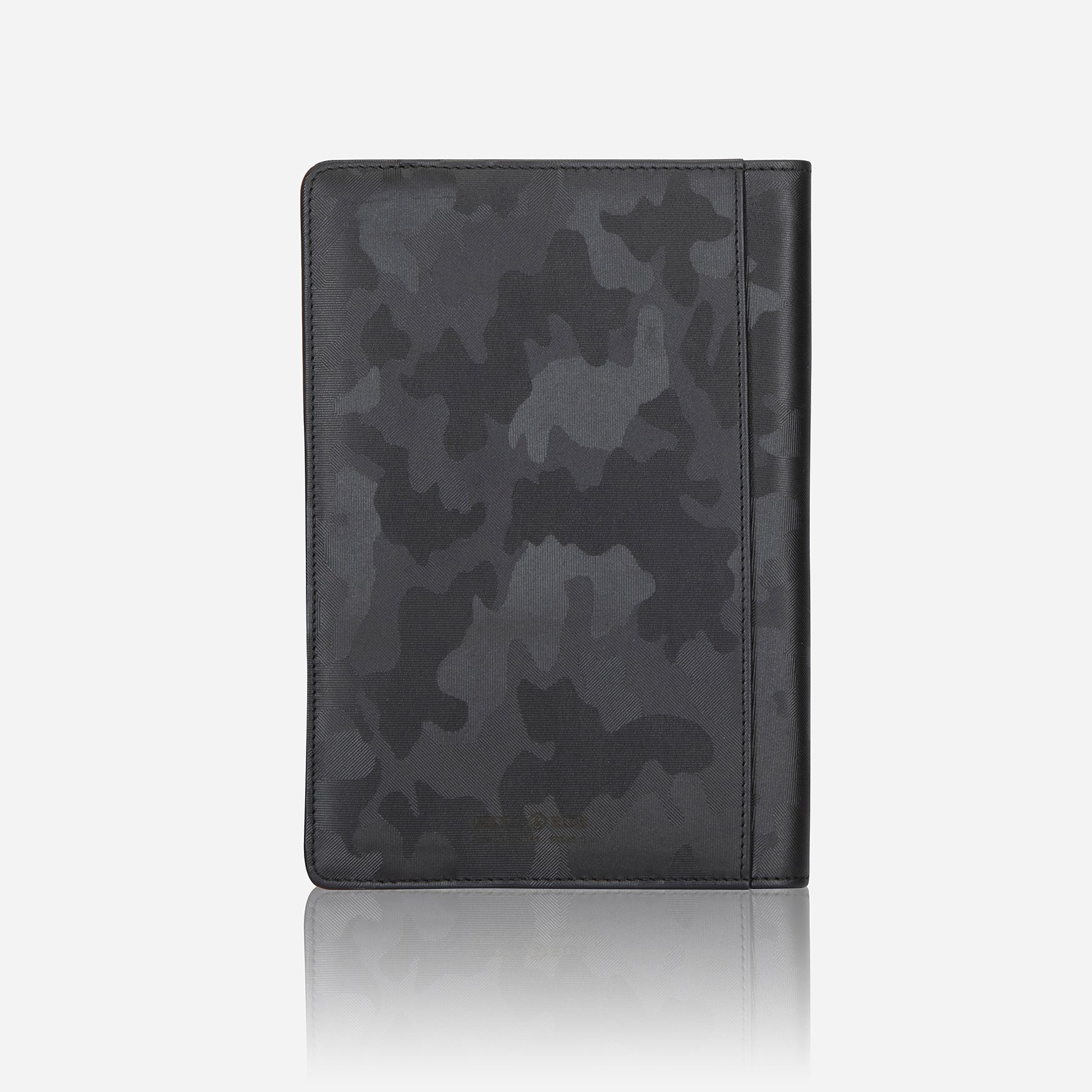 Leather A5 Notebook Cover in Camo with card and pen slots, showcasing its stylish design and functionality.