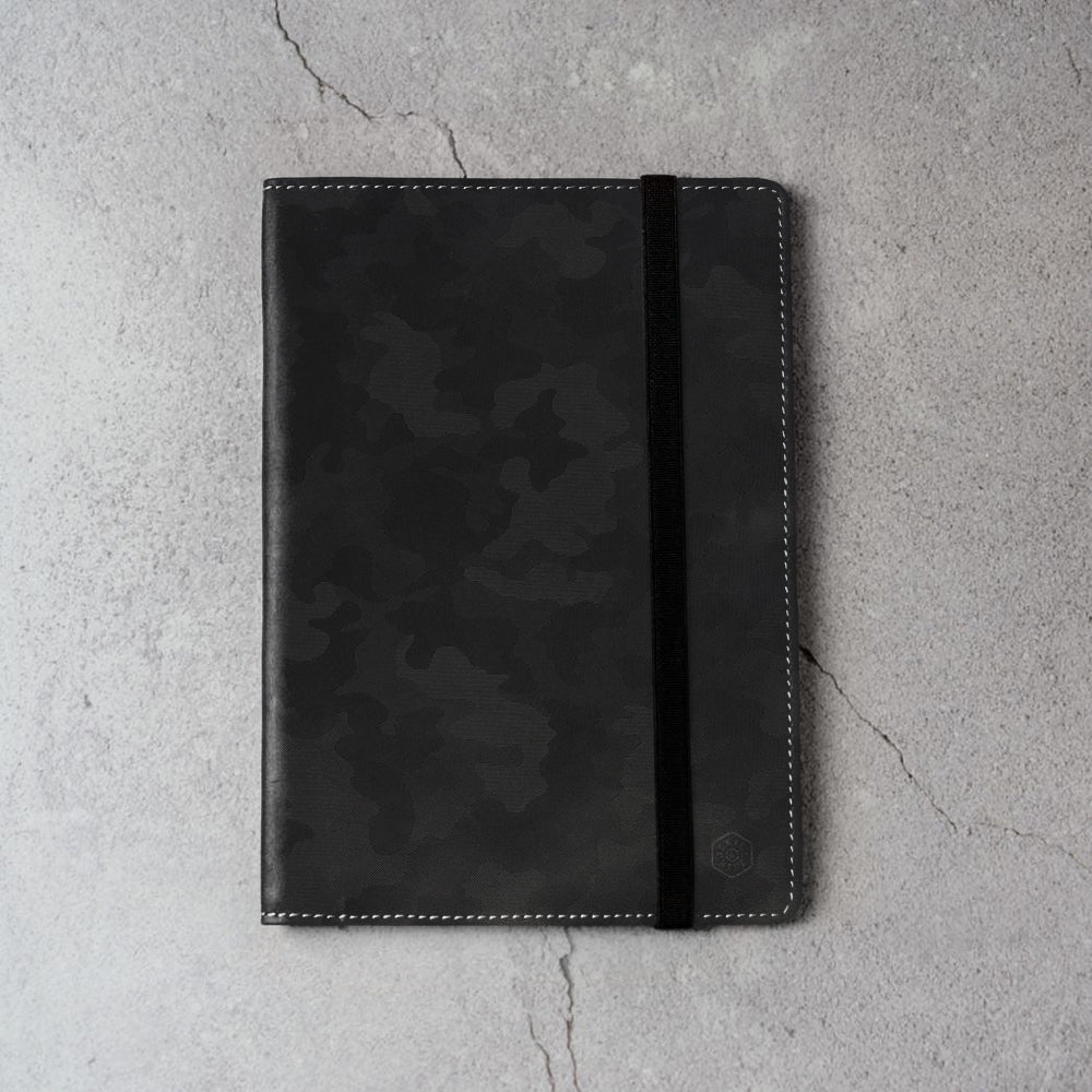 Leather A5 Notebook Cover in Camo with card and pen slots, showcasing its stylish design and functionality.