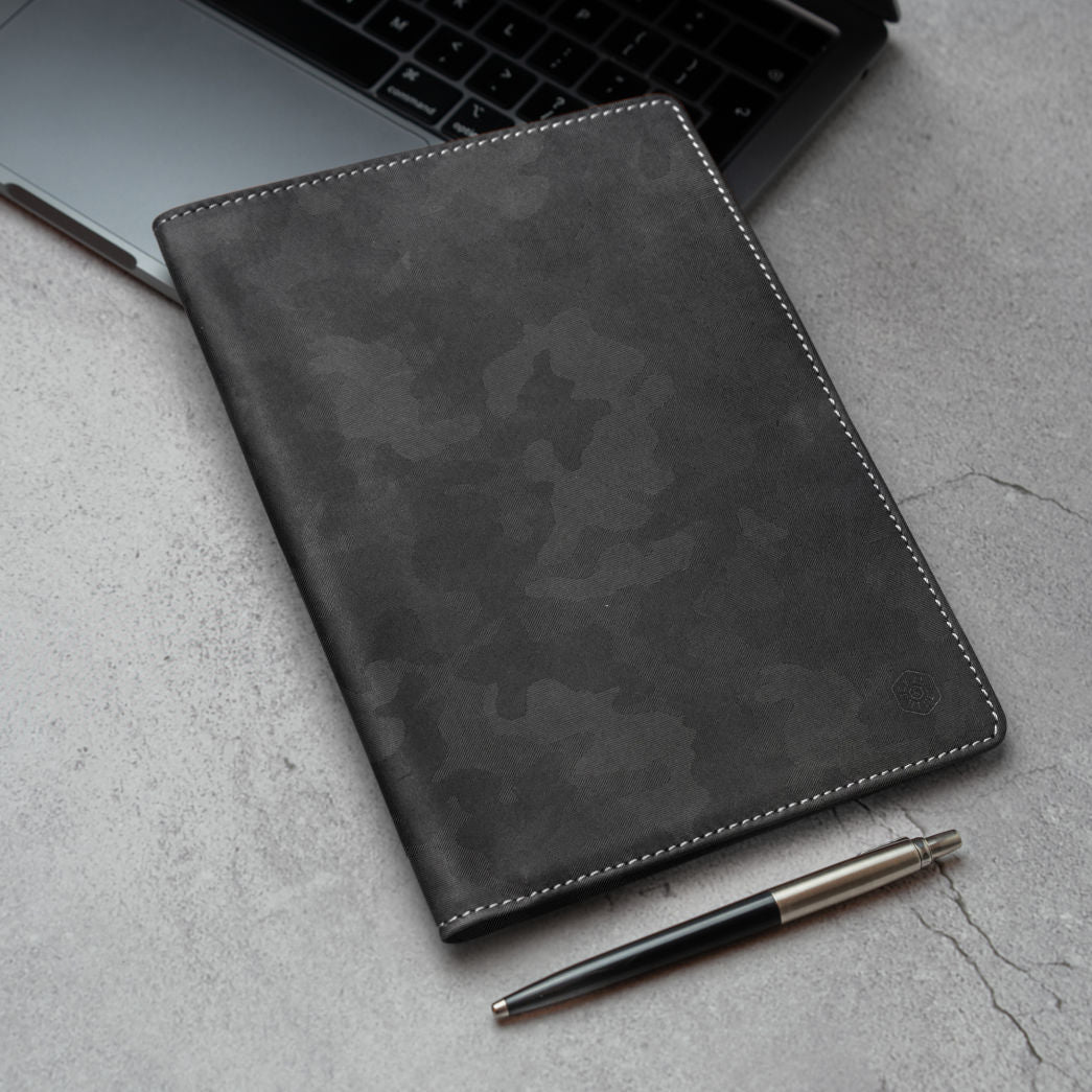 Leather A5 Notebook Cover in Camo with card and pen slots, showcasing its stylish design and functionality.