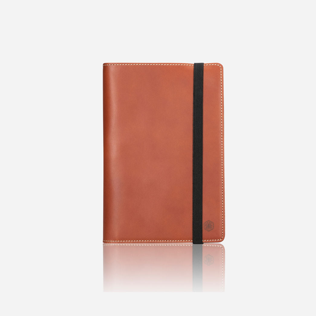 Leather A5 Notebook Cover in Clay color, featuring card slots and a pen holder.