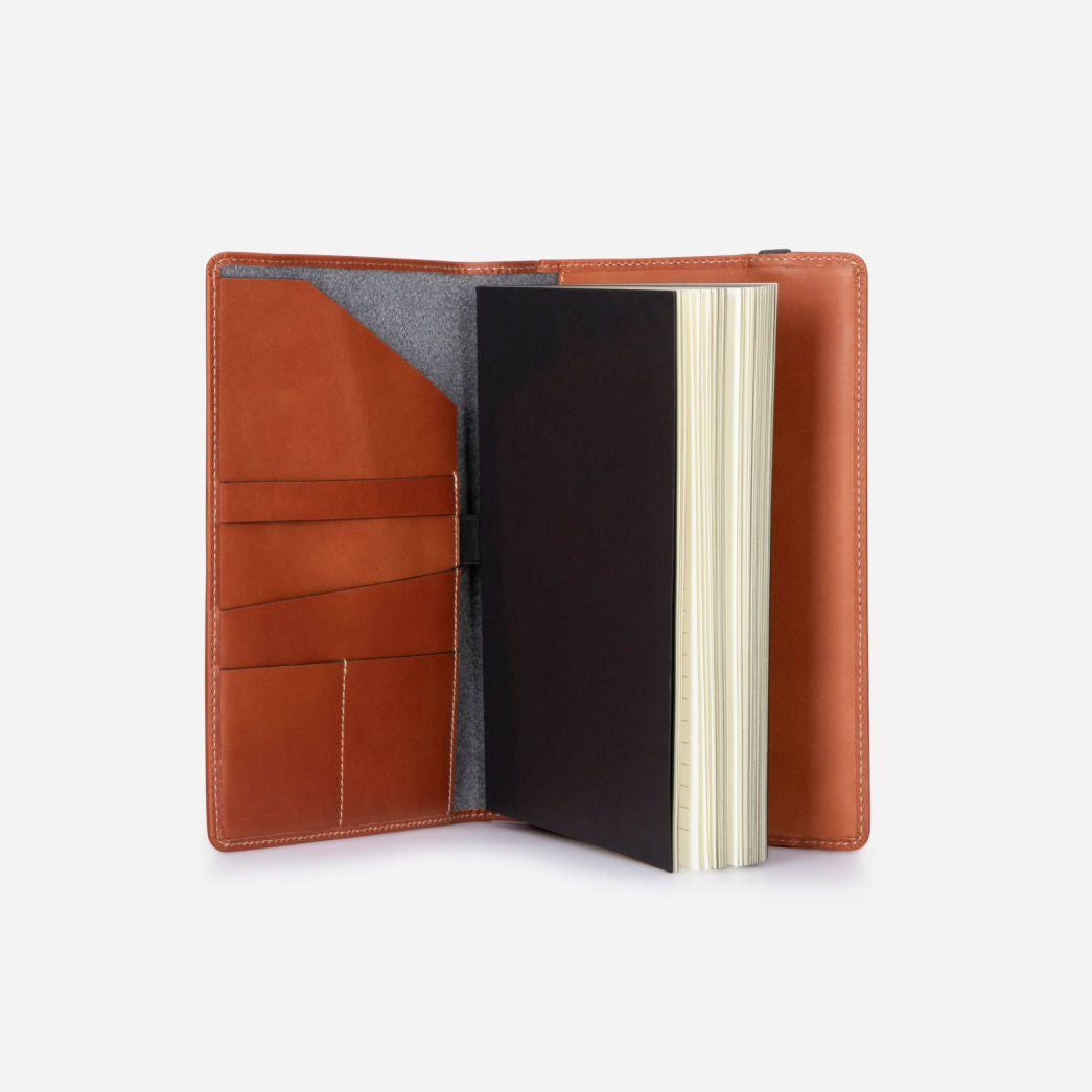 Leather A5 Notebook Cover in Clay color, featuring card slots and a pen holder.