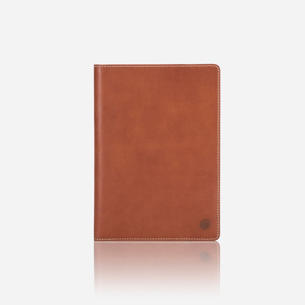 Leather A5 Notebook Cover in Clay color, featuring card slots and a pen holder.