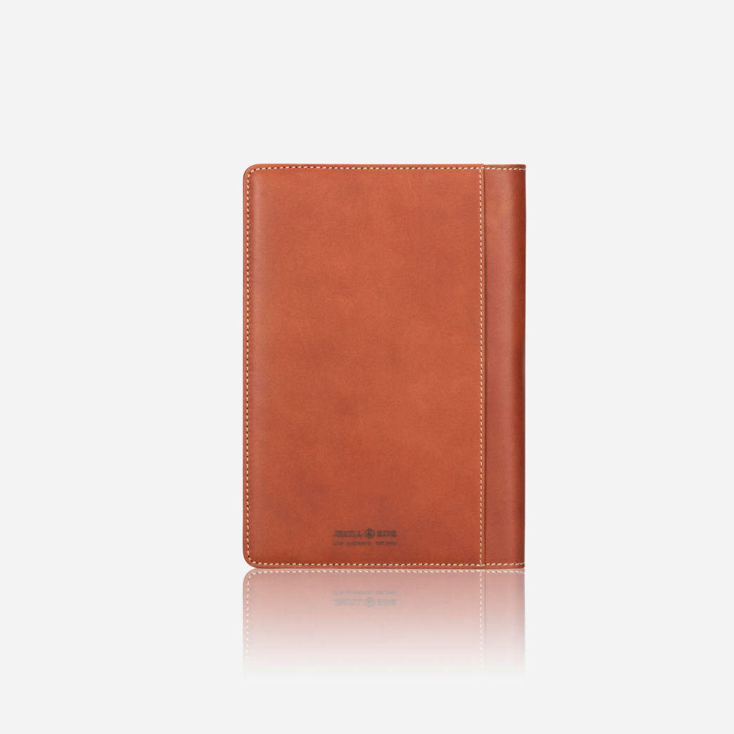 Leather A5 Notebook Cover in Clay color, featuring card slots and a pen holder.