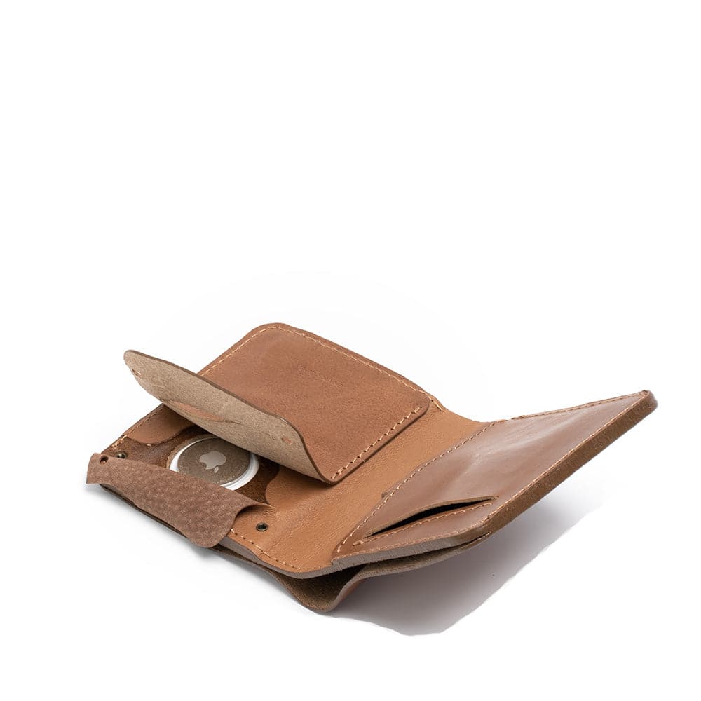 Leather AirTag Billfold Wallet 1.0 showcasing its sleek design and hidden AirTag pocket, crafted from premium Italian leather.