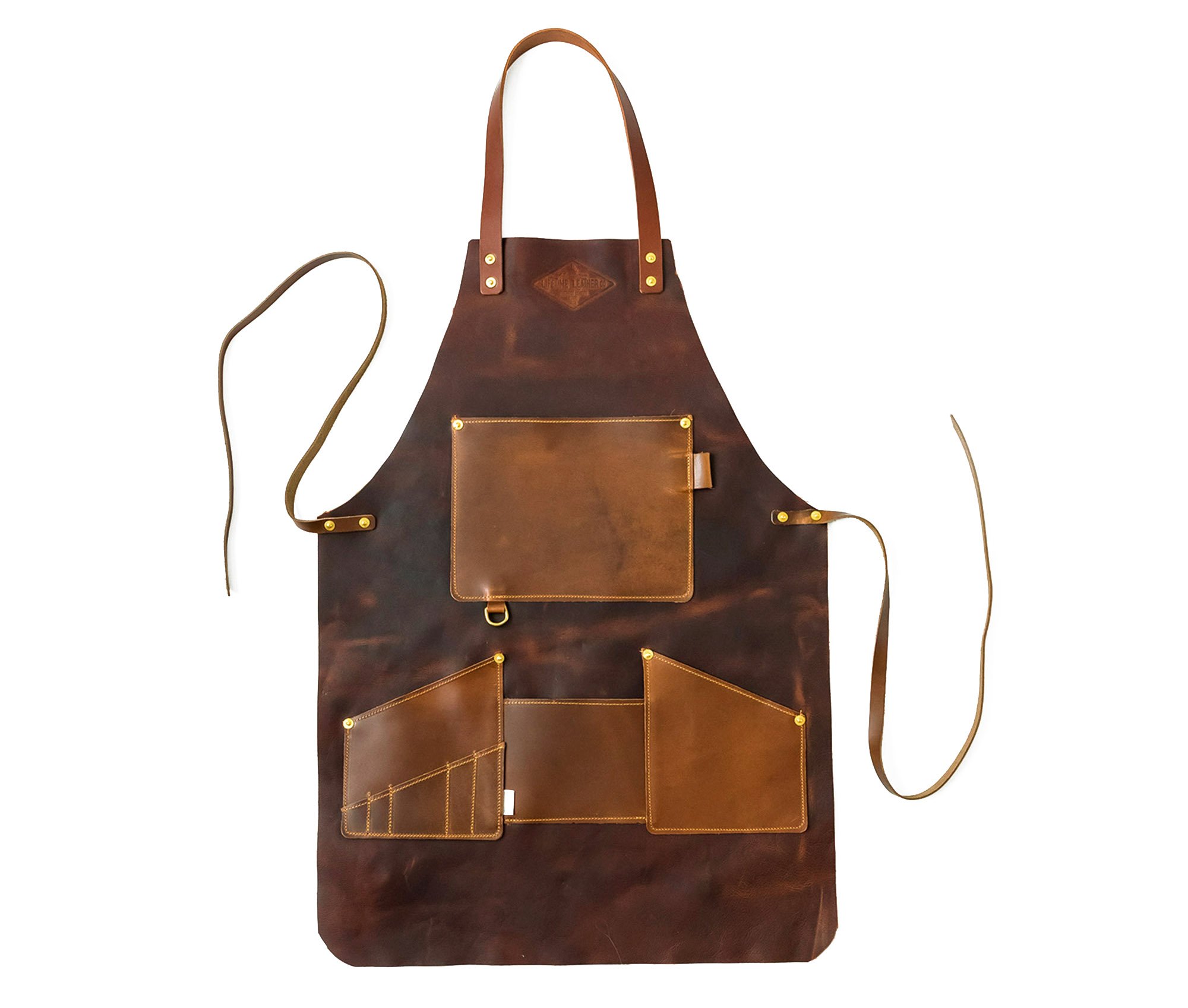 A handcrafted genuine leather apron featuring multiple pockets and personalization options, showcasing its rich texture and durability.