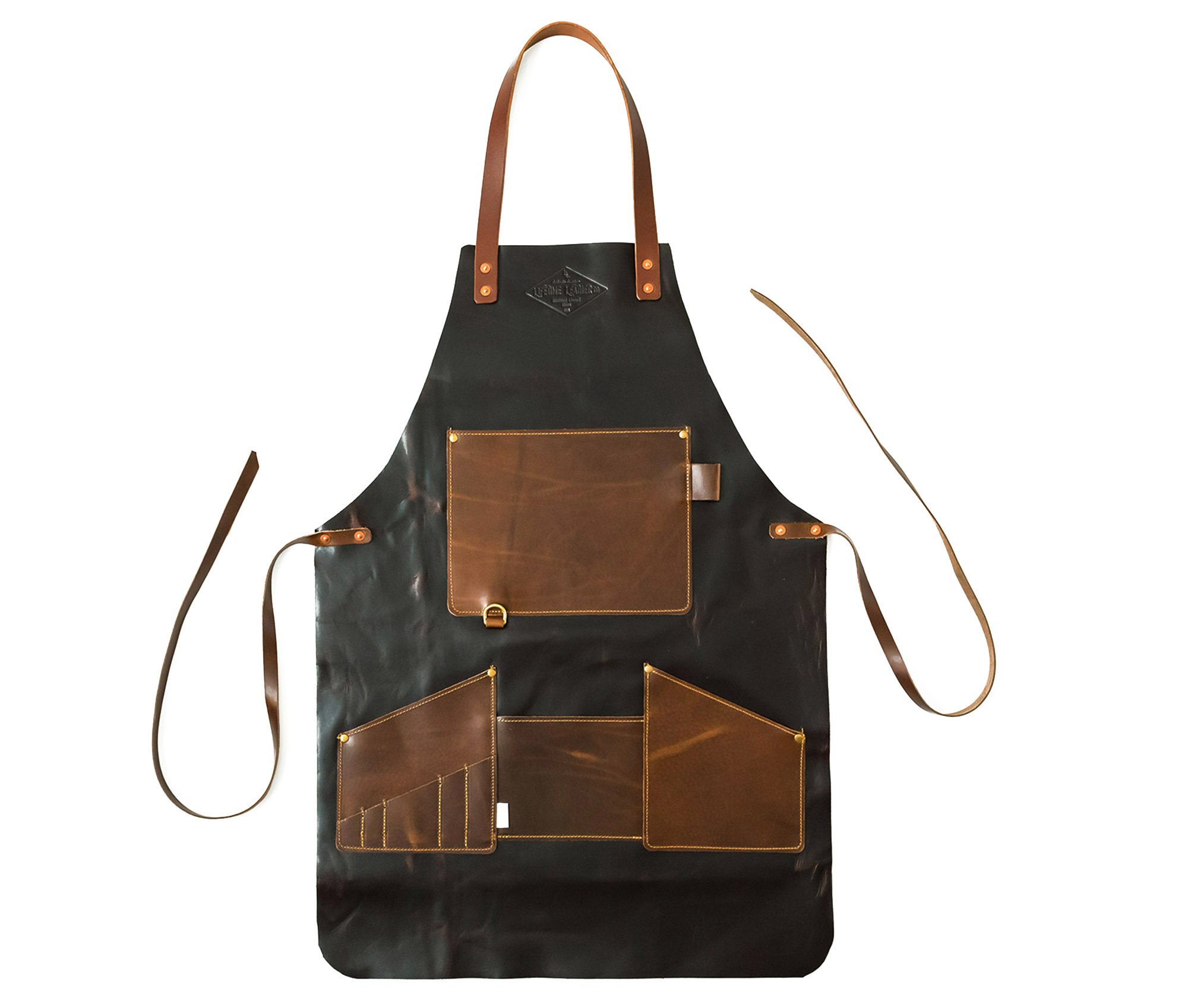 A handcrafted genuine leather apron featuring multiple pockets and personalization options, showcasing its rich texture and durability.