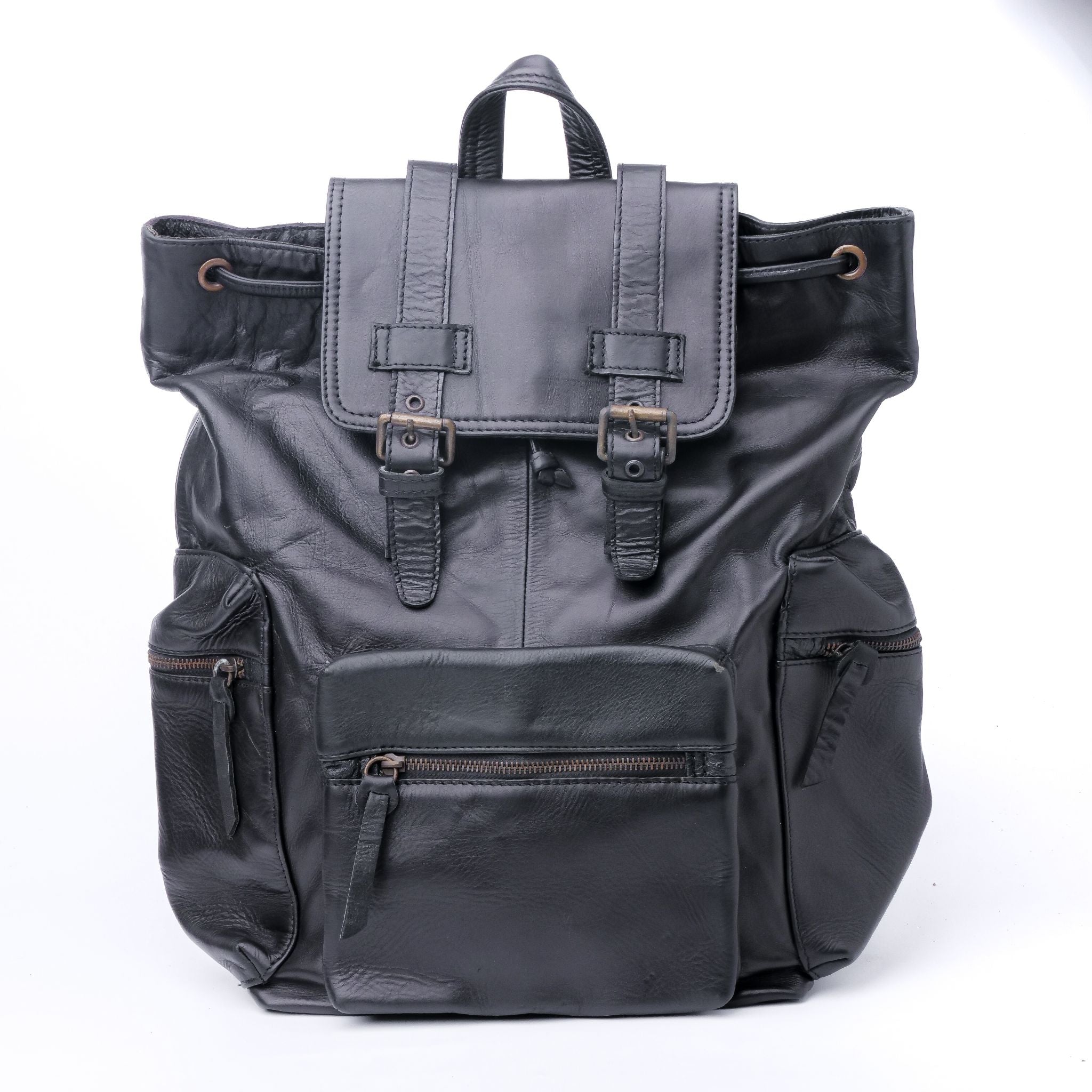 Granite Black Leather Backpack with double adjustable straps and golden hardware, showcasing its elegant design and spacious compartments.