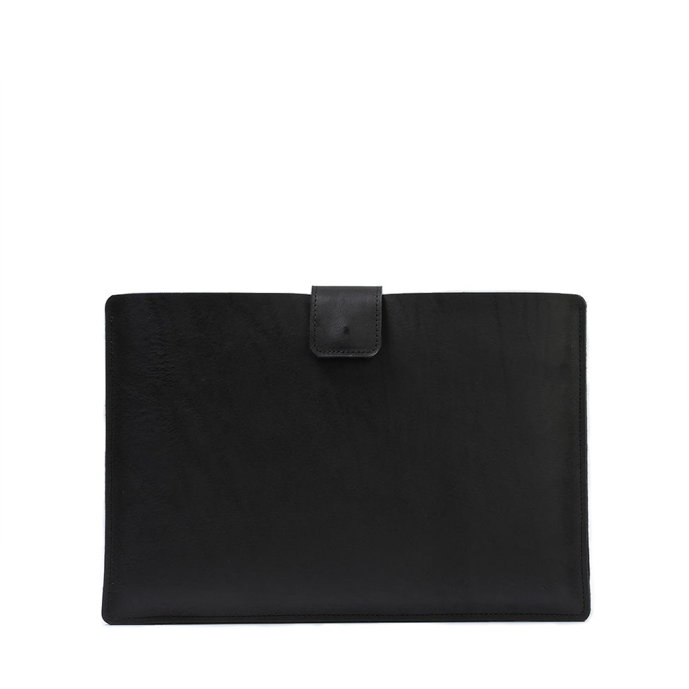 A premium leather bag for MacBook featuring a zipper pocket, crafted from full-grain leather with a wool felt lining.