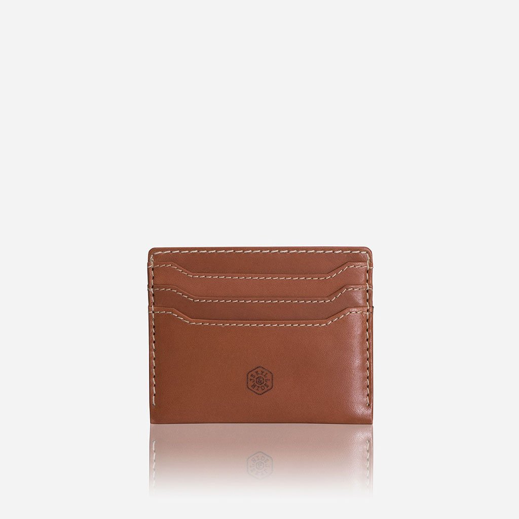 Tan leather card holder with multiple slots for cards and cash, showcasing a minimalist design.