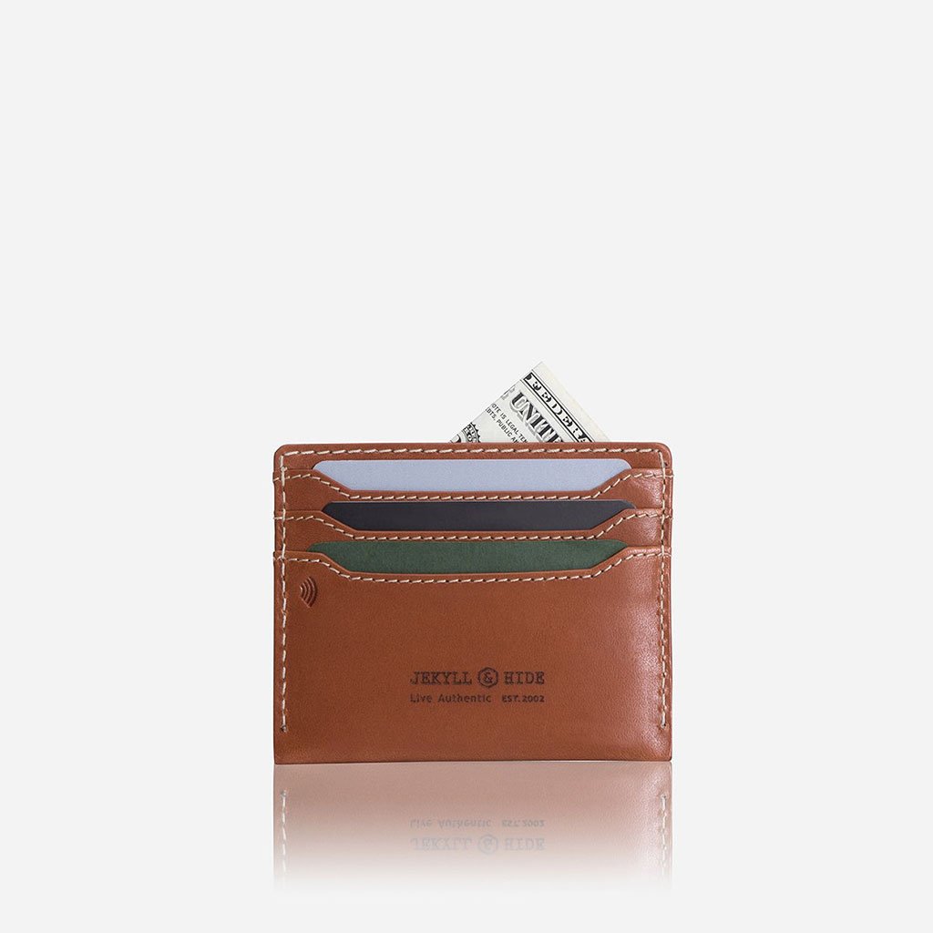 Tan leather card holder with multiple slots for cards and cash, showcasing a minimalist design.