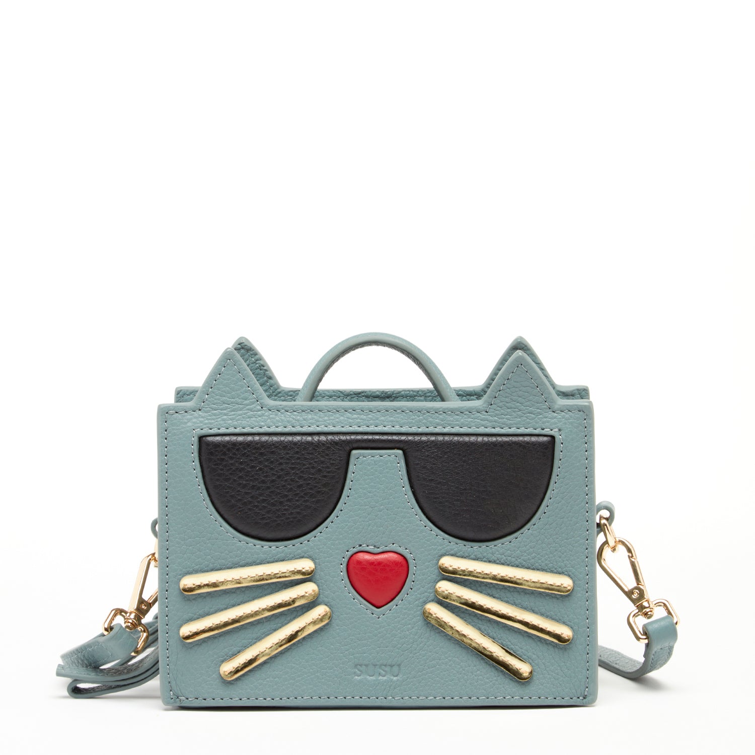 Leather Cat Purse in Mineral Blue featuring a cute cat face design with whiskers and a red nose, made from high-quality Italian leather.