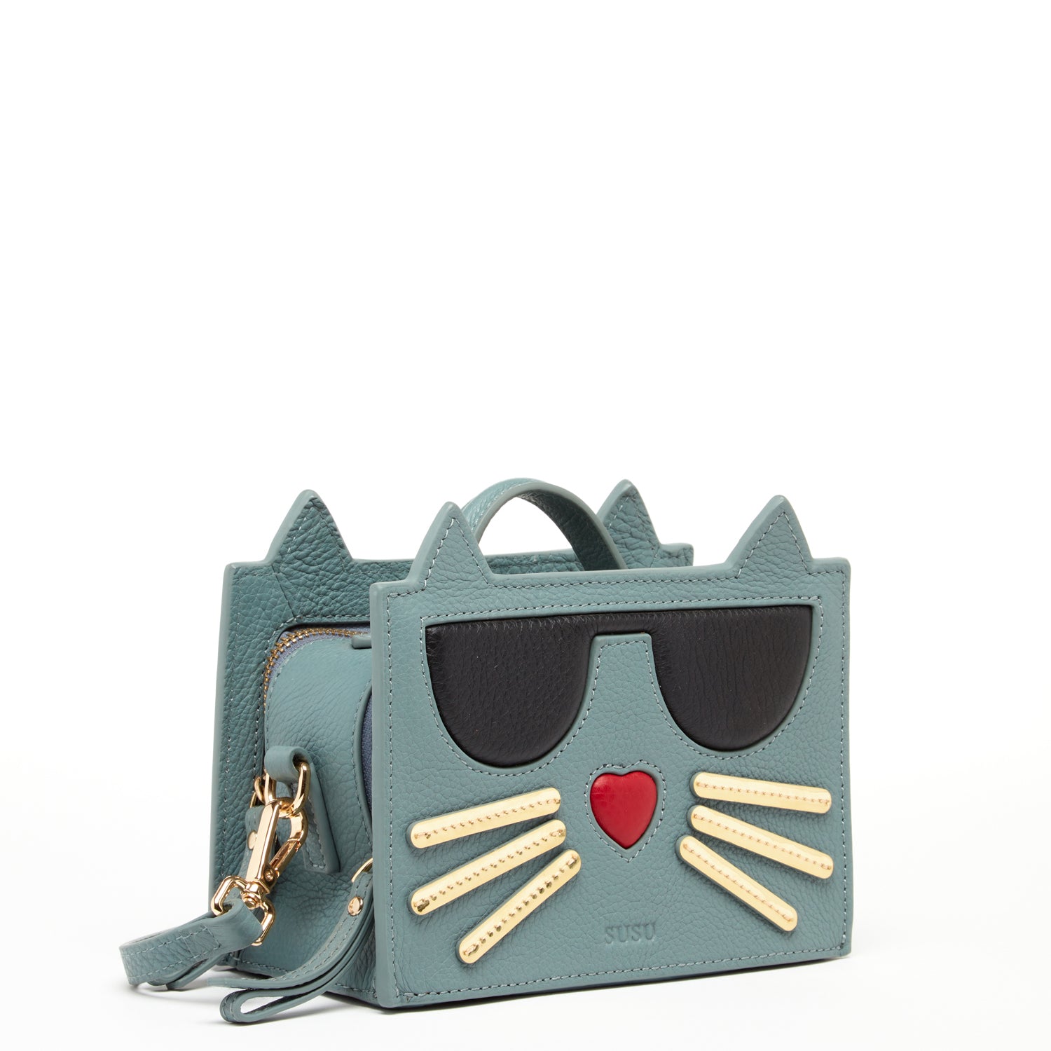 Leather Cat Purse in Mineral Blue featuring a cute cat face design with whiskers and a red nose, made from high-quality Italian leather.