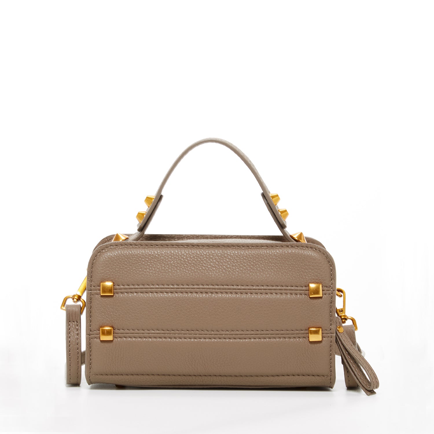 Mocha brown leather crossbody bag with rose gold studs and hardware, featuring a boxy silhouette and adjustable strap.