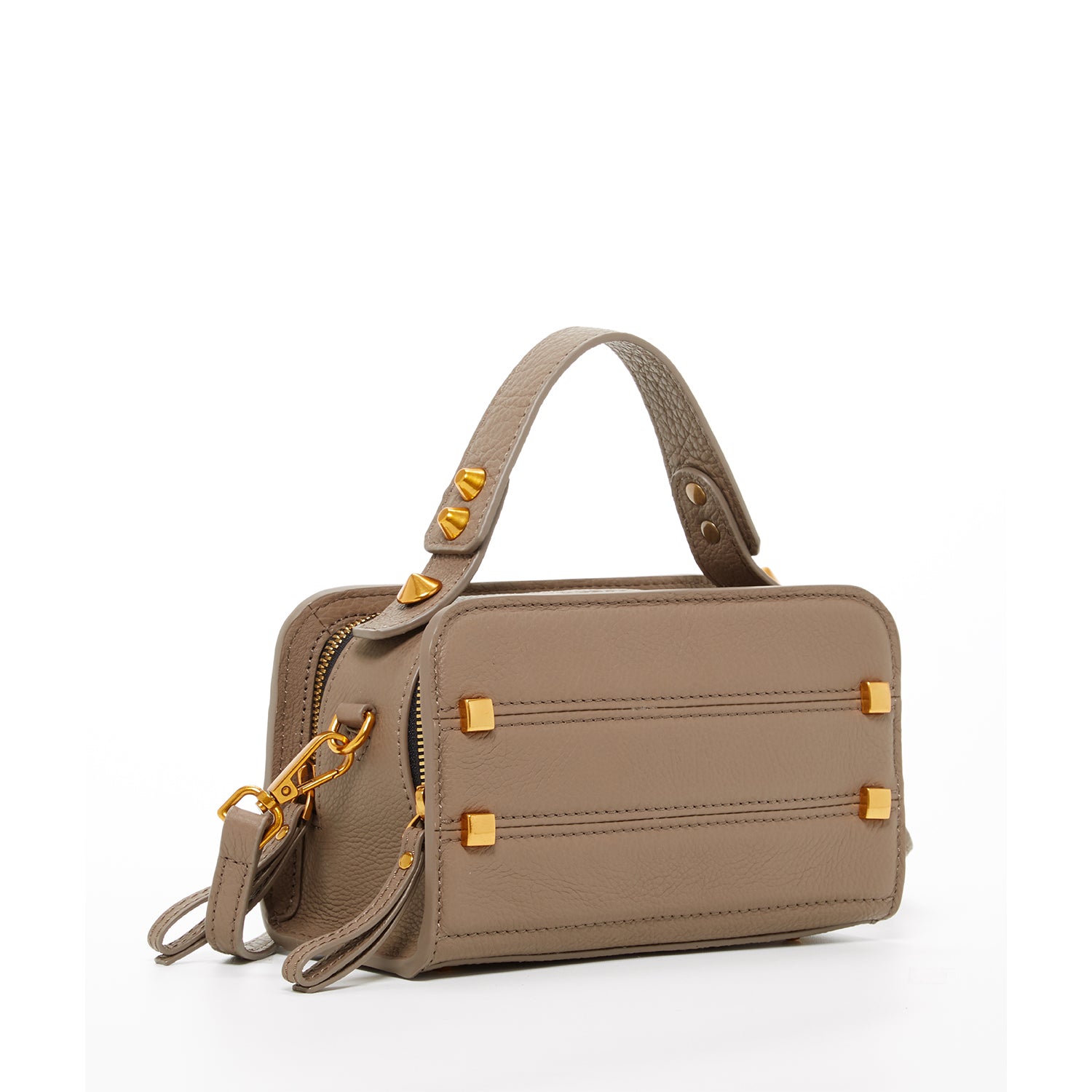 Mocha brown leather crossbody bag with rose gold studs and hardware, featuring a boxy silhouette and adjustable strap.