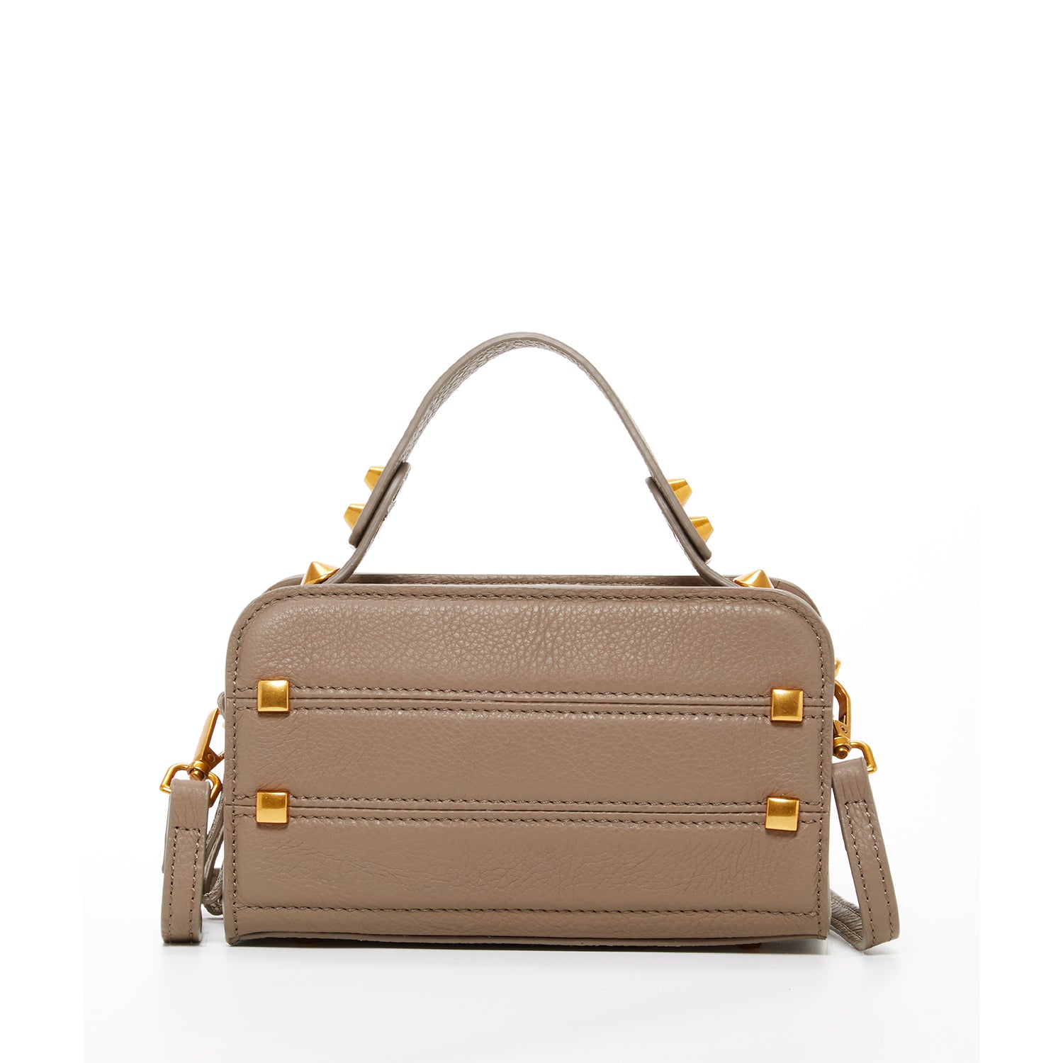 Mocha brown leather crossbody bag with rose gold studs and hardware, featuring a boxy silhouette and adjustable strap.