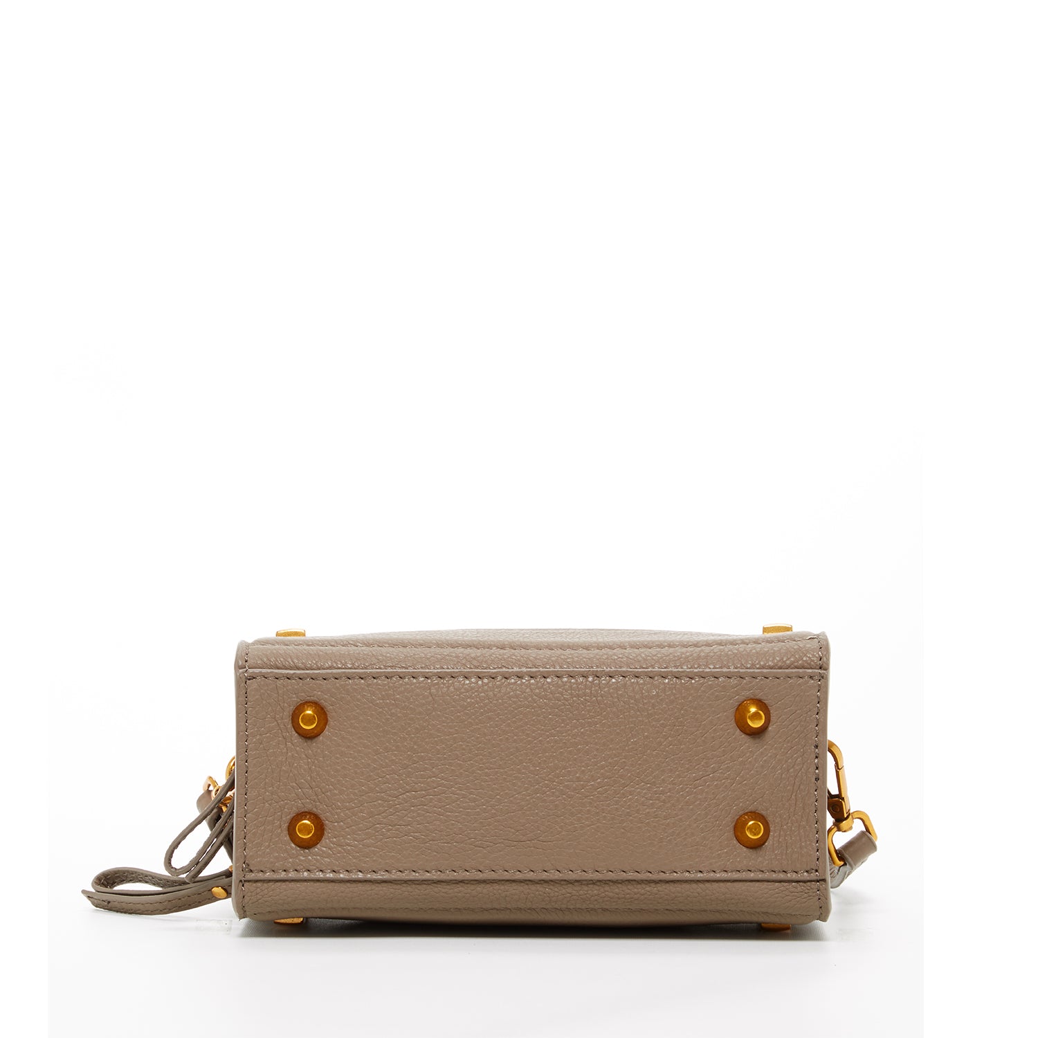 Mocha brown leather crossbody bag with rose gold studs and hardware, featuring a boxy silhouette and adjustable strap.