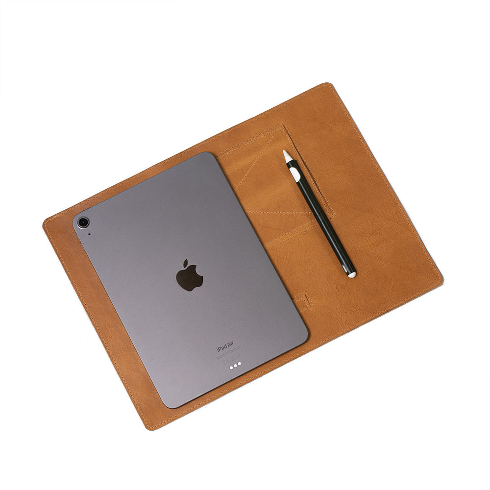 Leather Desktop Mat for iPad showcasing premium Italian leather with a minimalist design, featuring adjustable elevation angles.