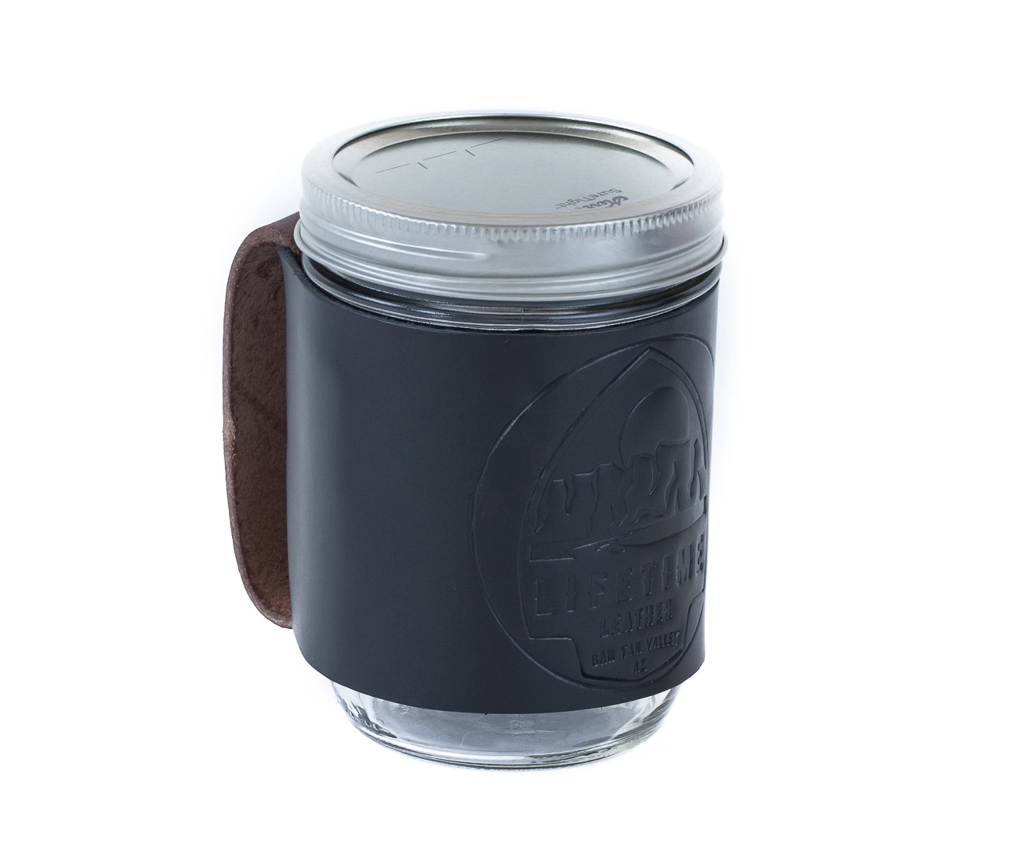 Leather Mason Jar Coozie hugging a Mason jar, showcasing its hand-stitched design and riveted handle.