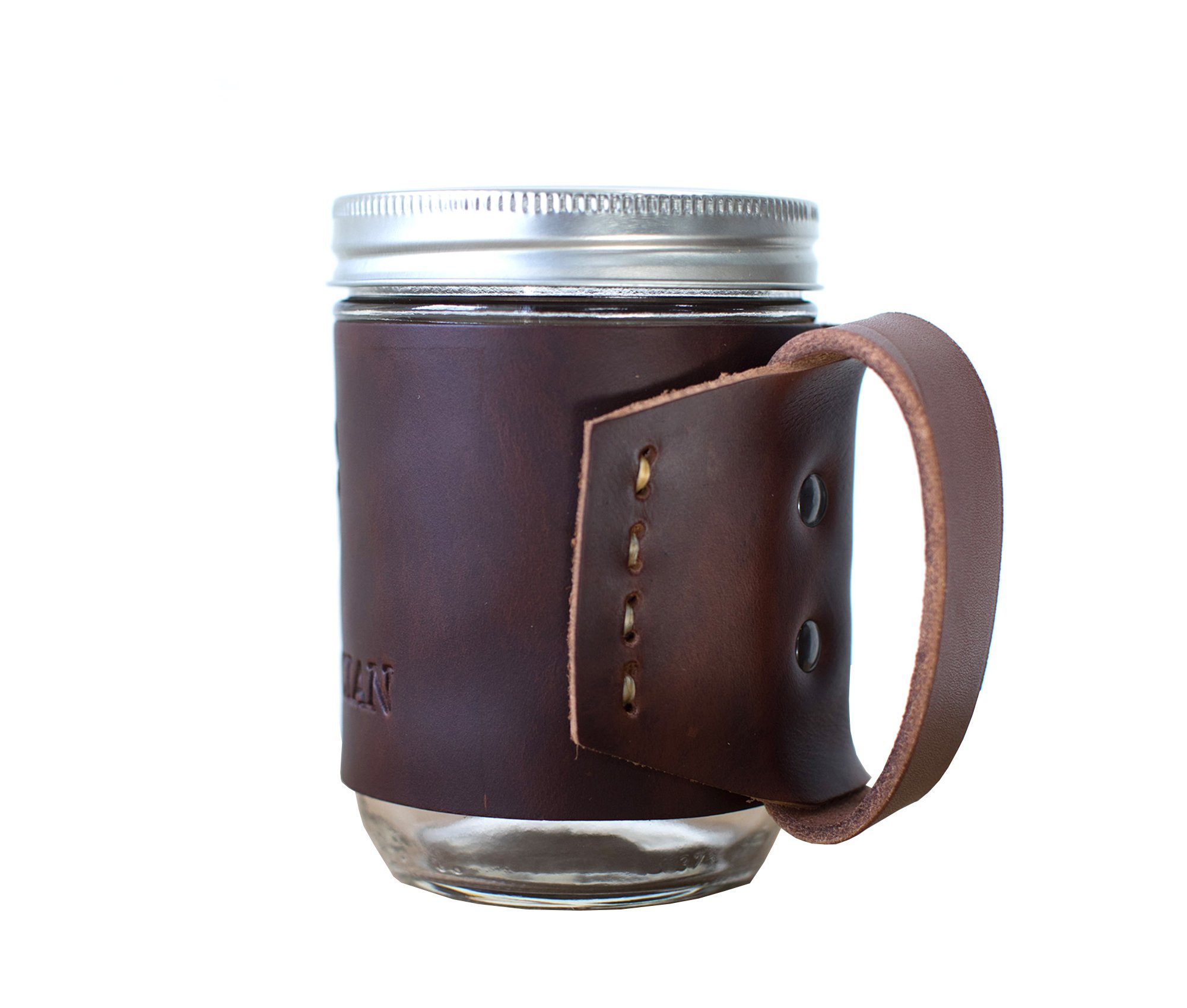 Leather Mason Jar Coozie hugging a Mason jar, showcasing its hand-stitched design and riveted handle.