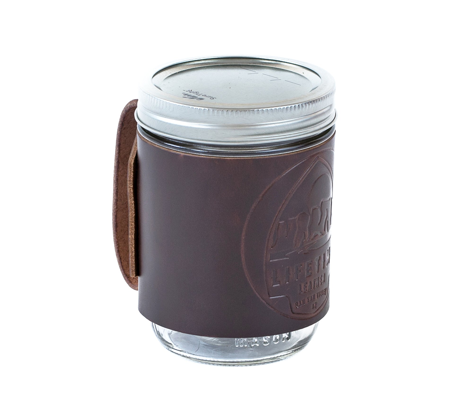 Leather Mason Jar Coozie hugging a Mason jar, showcasing its hand-stitched design and riveted handle.