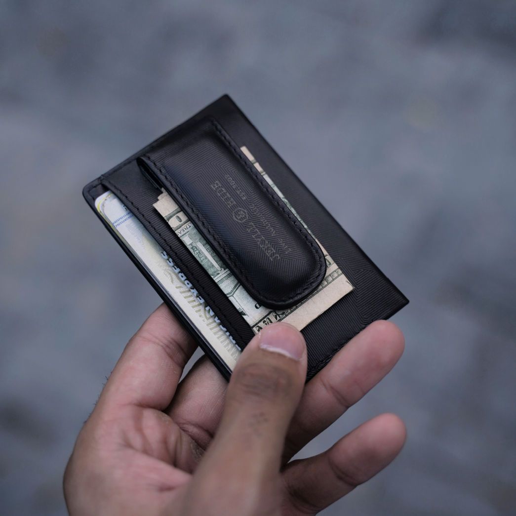 Leather Money Clip Wallet in Camo featuring a stylish design and secure magnetic clip, perfect for modern men.