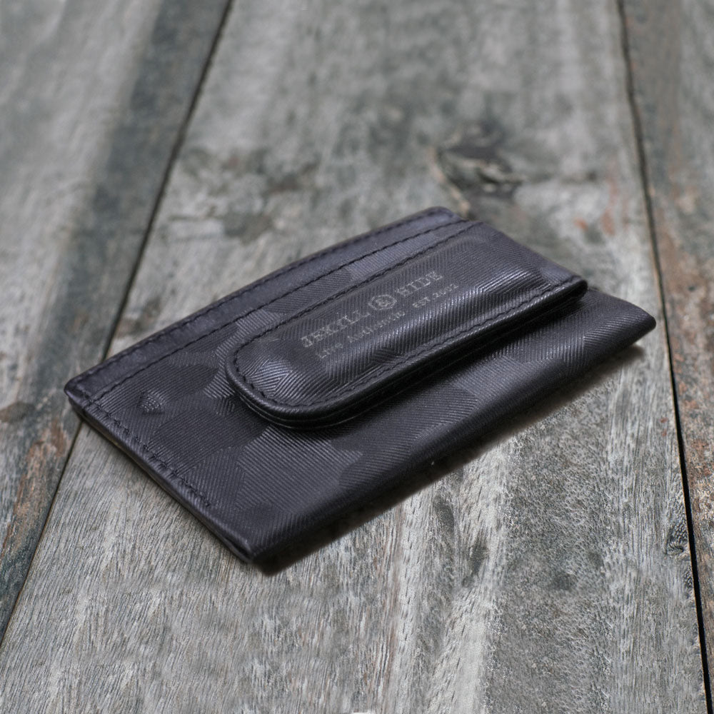 Leather Money Clip Wallet in Camo featuring a stylish design and secure magnetic clip, perfect for modern men.