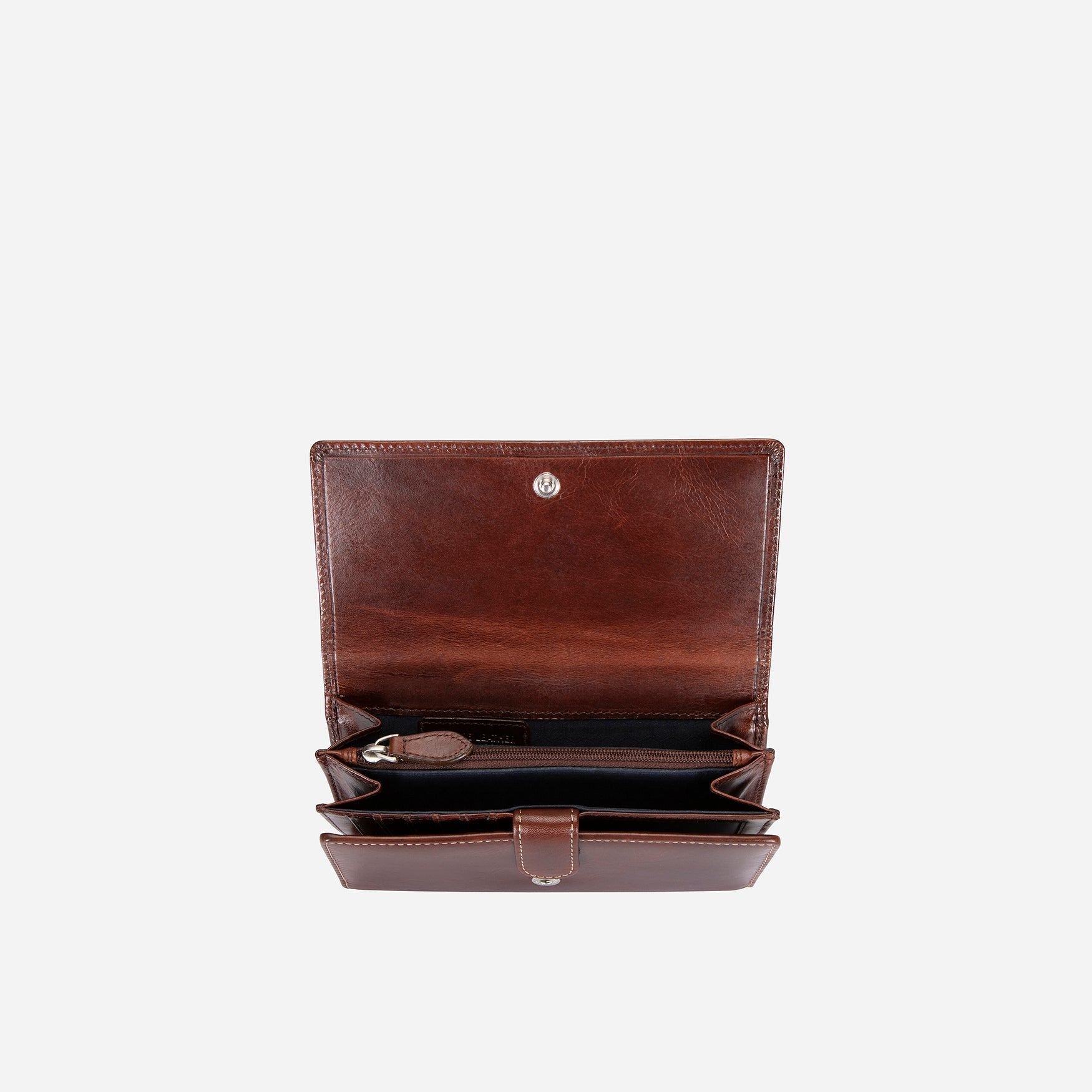 Elegant coffee leather purse with double-studded design, showcasing its slim profile and stylish appearance.