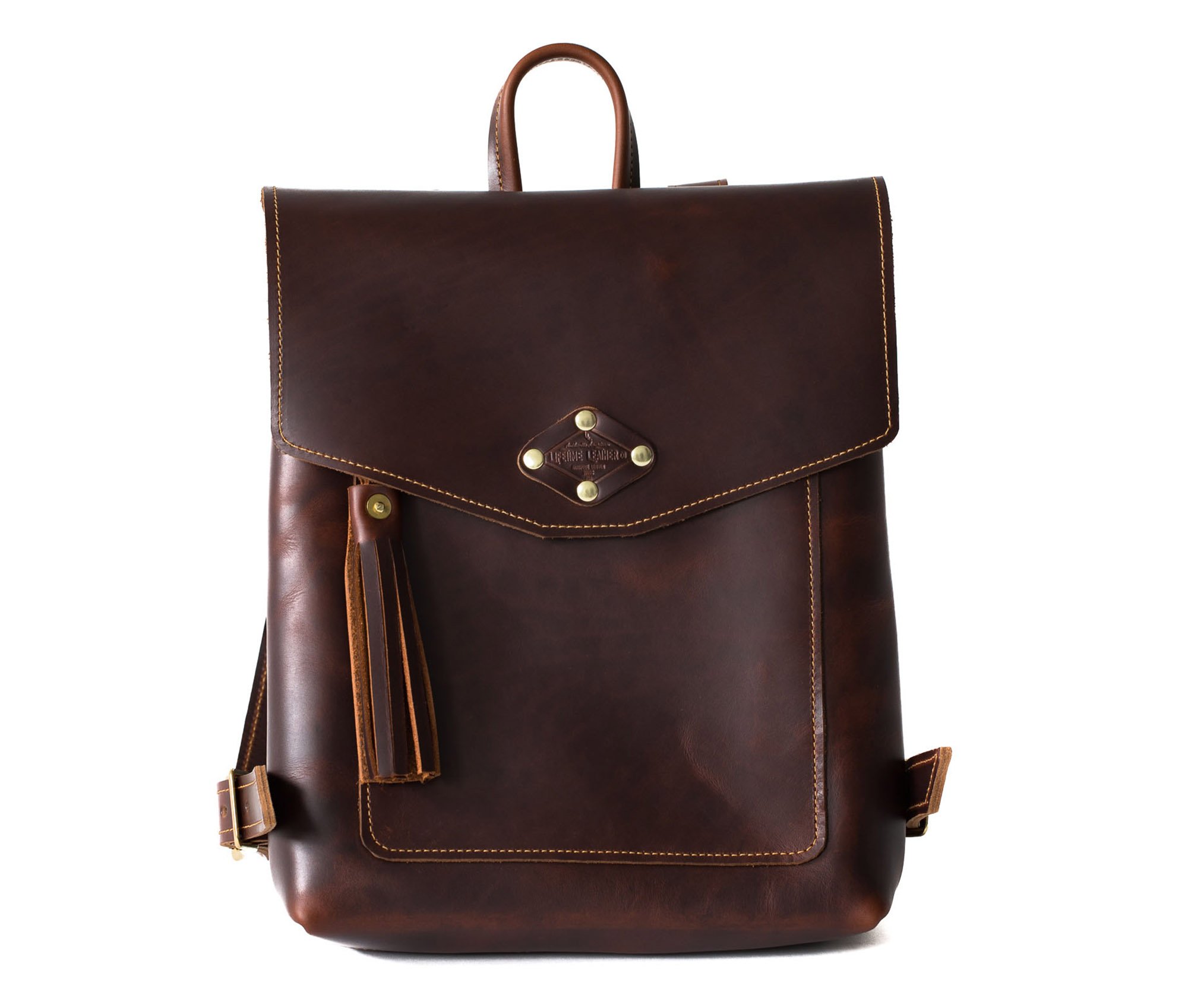 Stylish Leather Rucksack made from full grain leather with adjustable straps and exterior pocket.