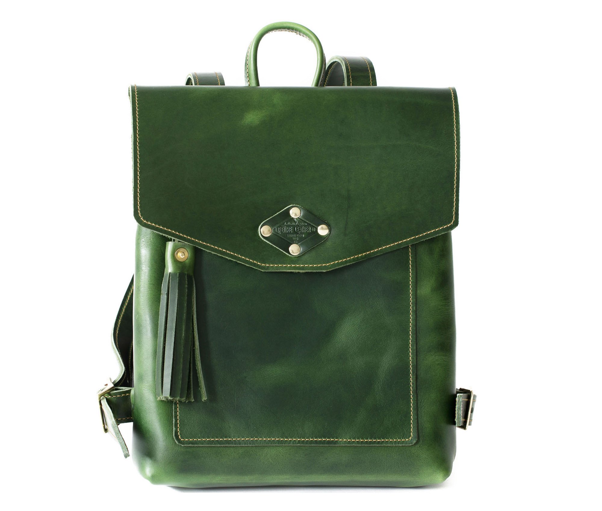 Stylish Leather Rucksack made from full grain leather with adjustable straps and exterior pocket.