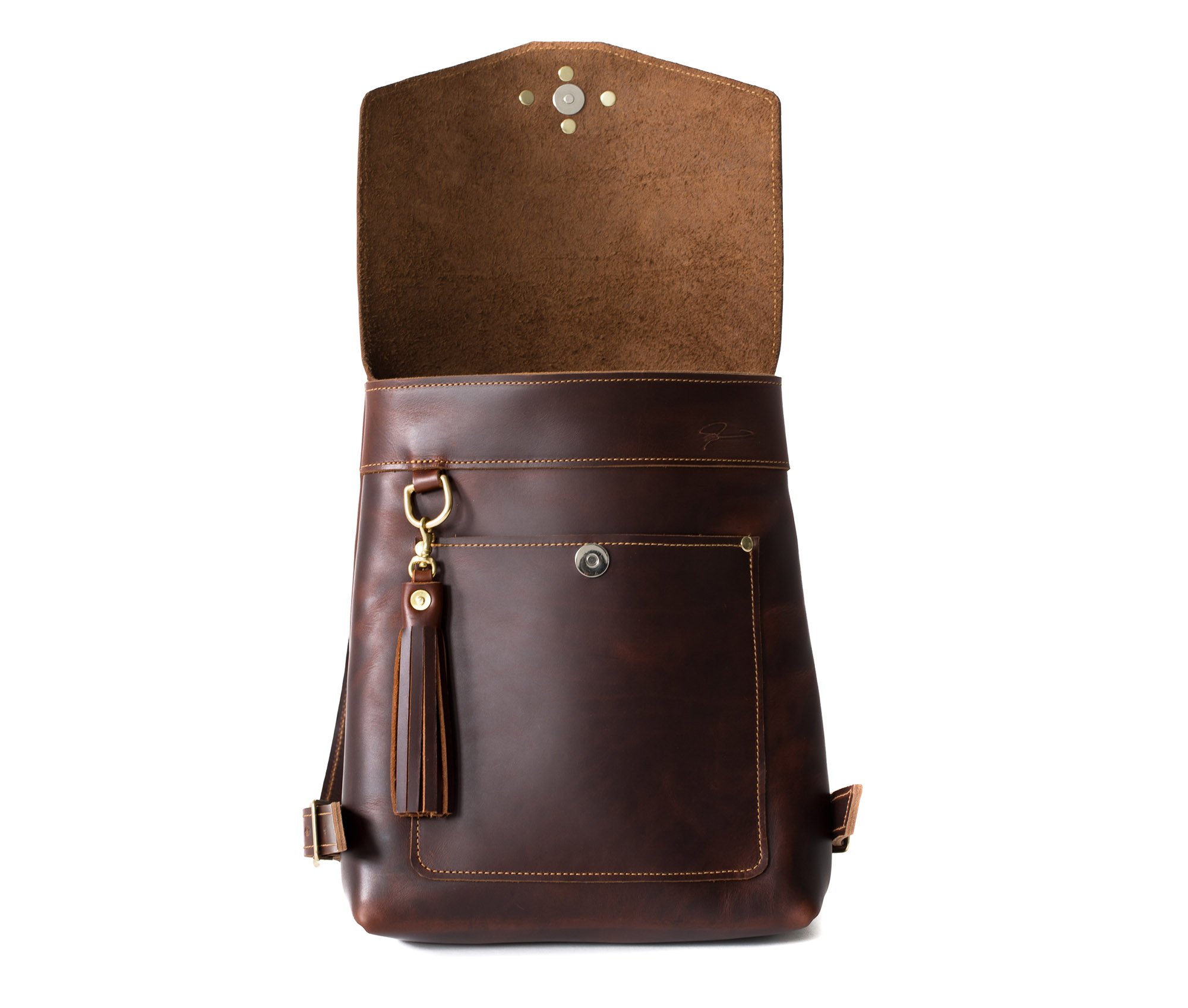 Stylish Leather Rucksack made from full grain leather with adjustable straps and exterior pocket.